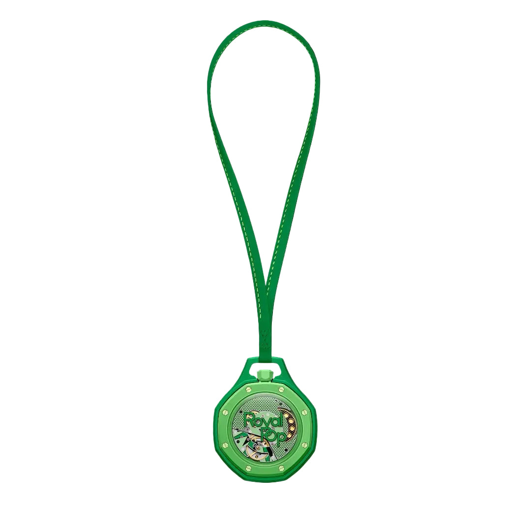Front view of the Swatch x Audemars Piguet Royal Pop Green Eight with green octagonal case and lanyard.