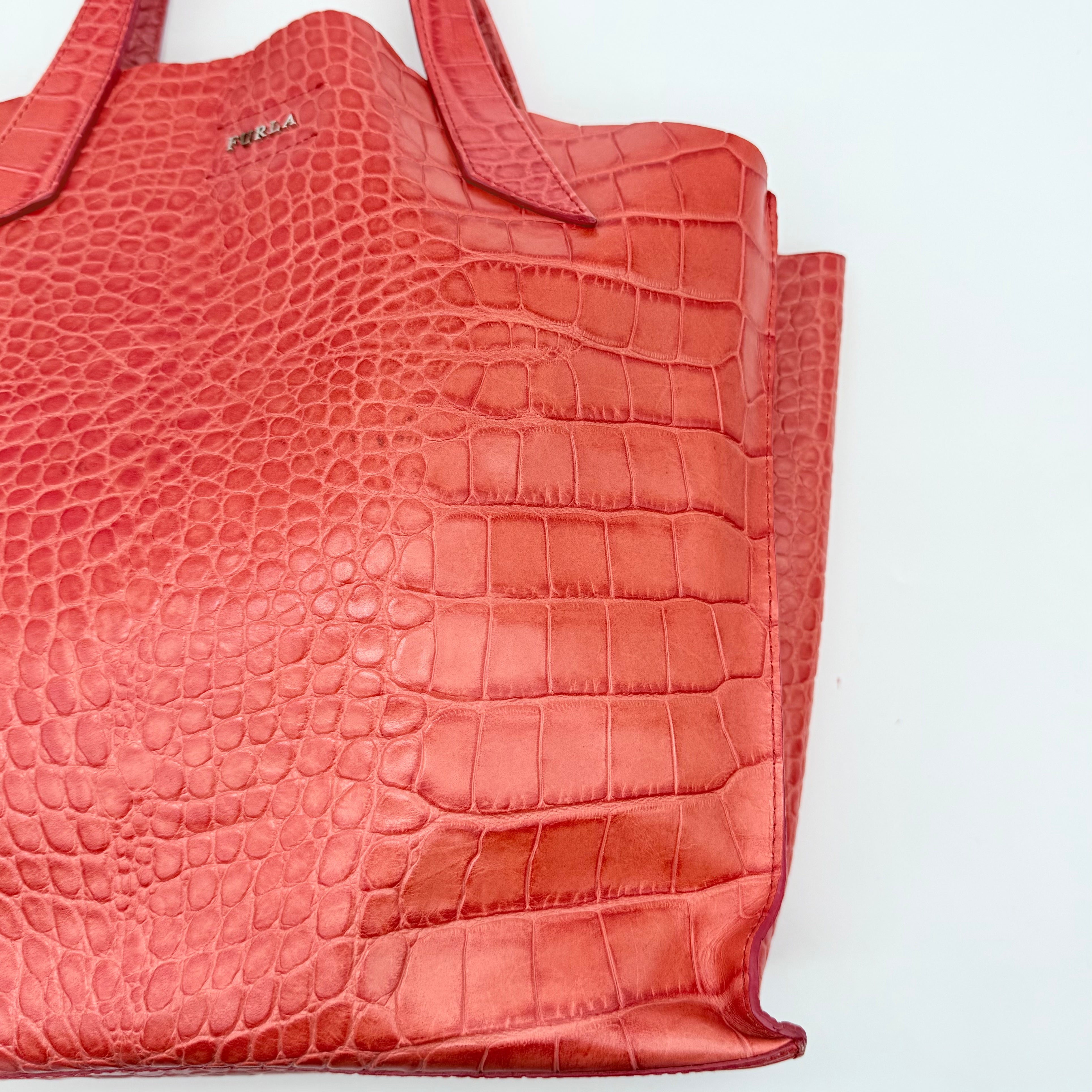 Furla Croc Embossed Leather Tote Bag Orange