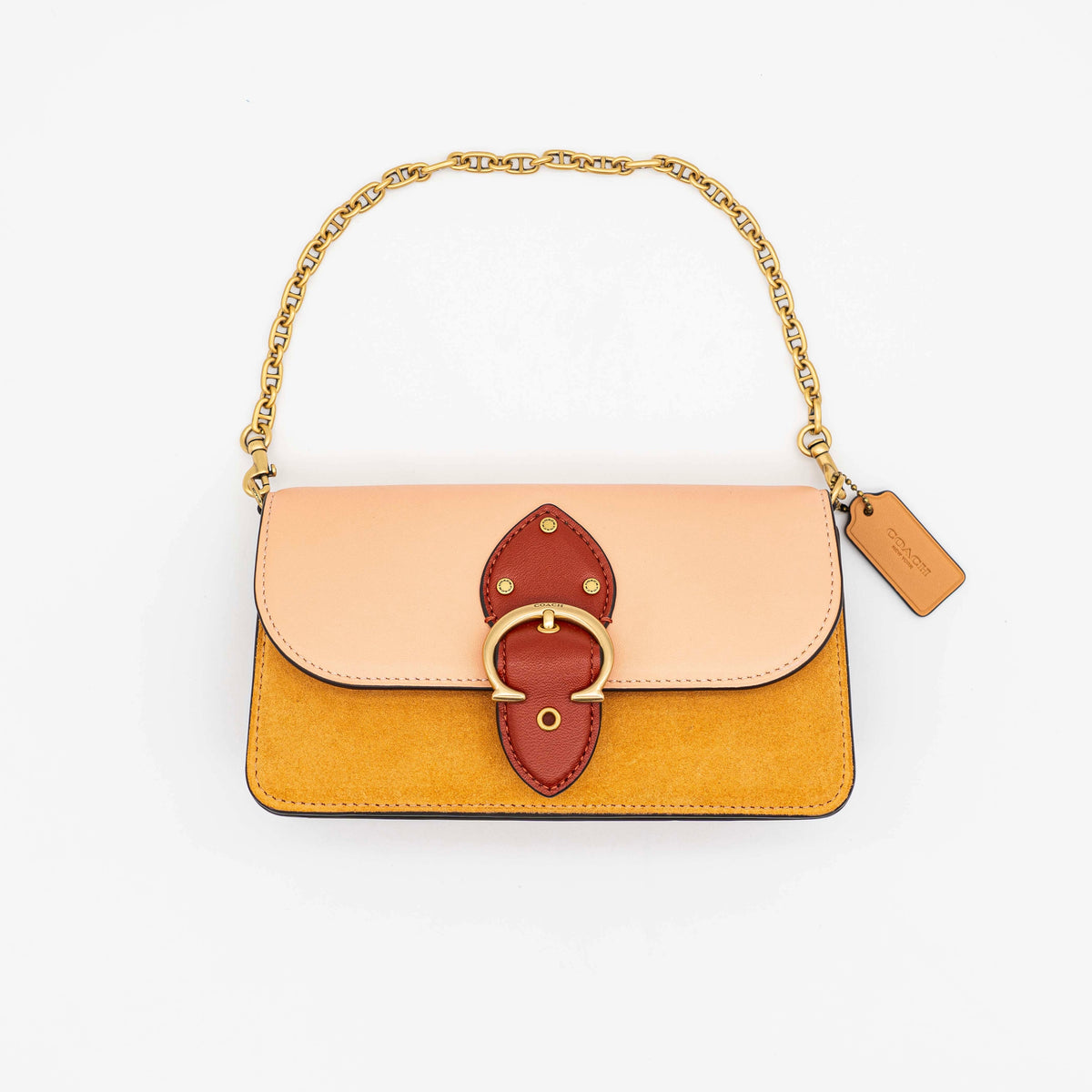 Coach Beat Crossbody Clutch 2Way in blush, tan, and red leather with brass hardware and detachable strap, displayed with chain handle.