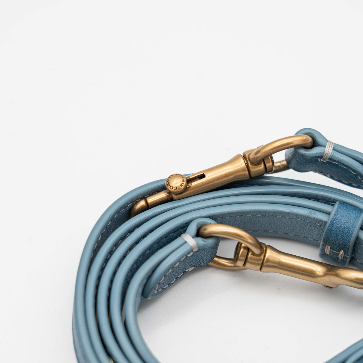 Coach 2Way Signature Swinger Shoulder Bag in light blue monogram canvas and leather with dinosaur and rainbow patches, shown with detachable strap.