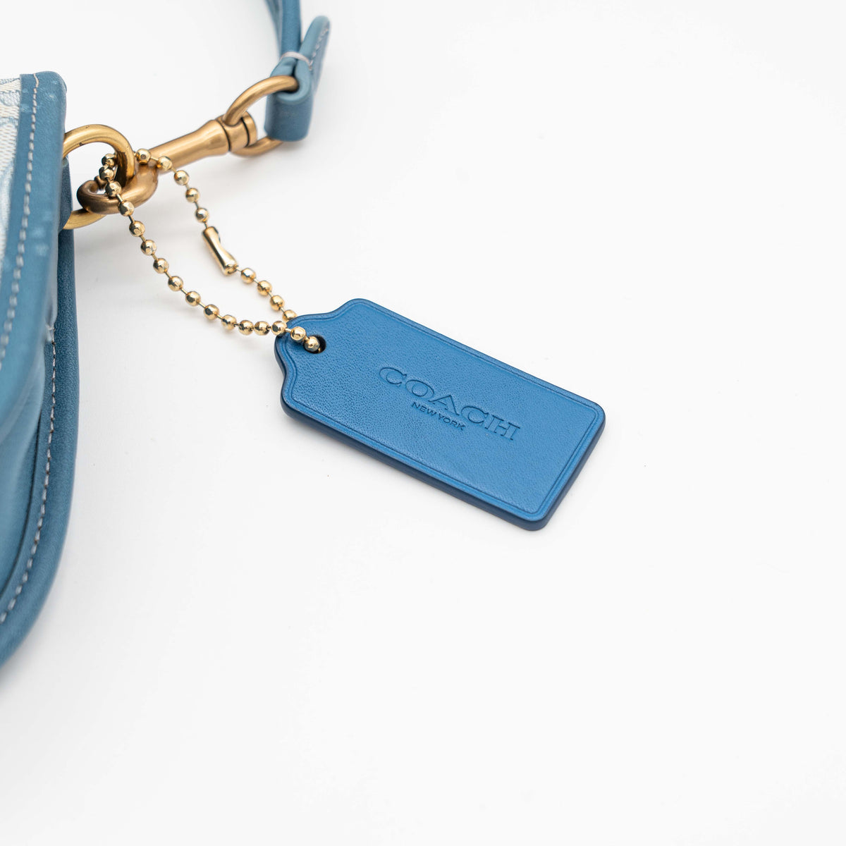 Coach 2Way Signature Swinger Shoulder Bag in light blue monogram canvas and leather with dinosaur and rainbow patches, shown with detachable strap.