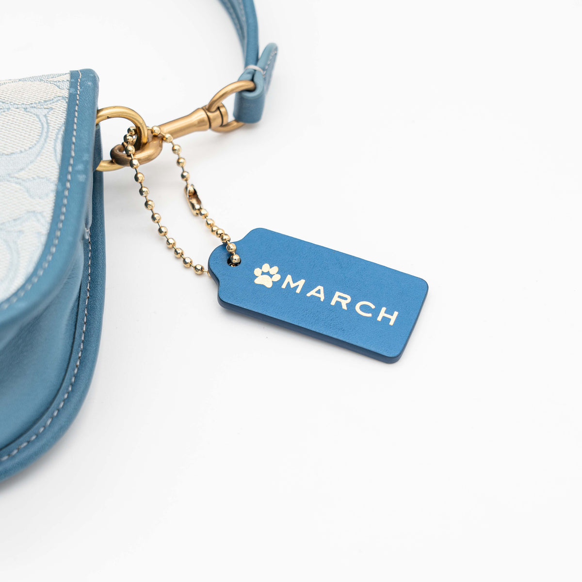 Coach 2Way Signature Swinger Shoulder Bag in light blue monogram canvas and leather with dinosaur and rainbow patches, shown with detachable strap.