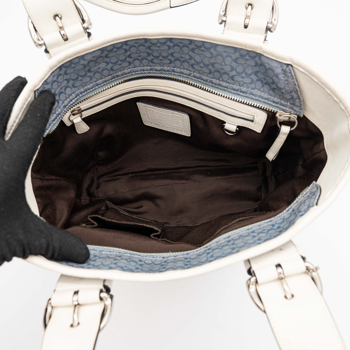 Coach Y2K Signature Soho Buckle Tote in light blue jacquard with white leather trim and silver-tone hardware.
