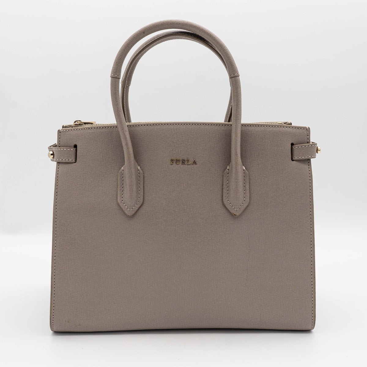 Furla grey Pin tote bag with top handles, gold hardware, and detachable strap against a white background.