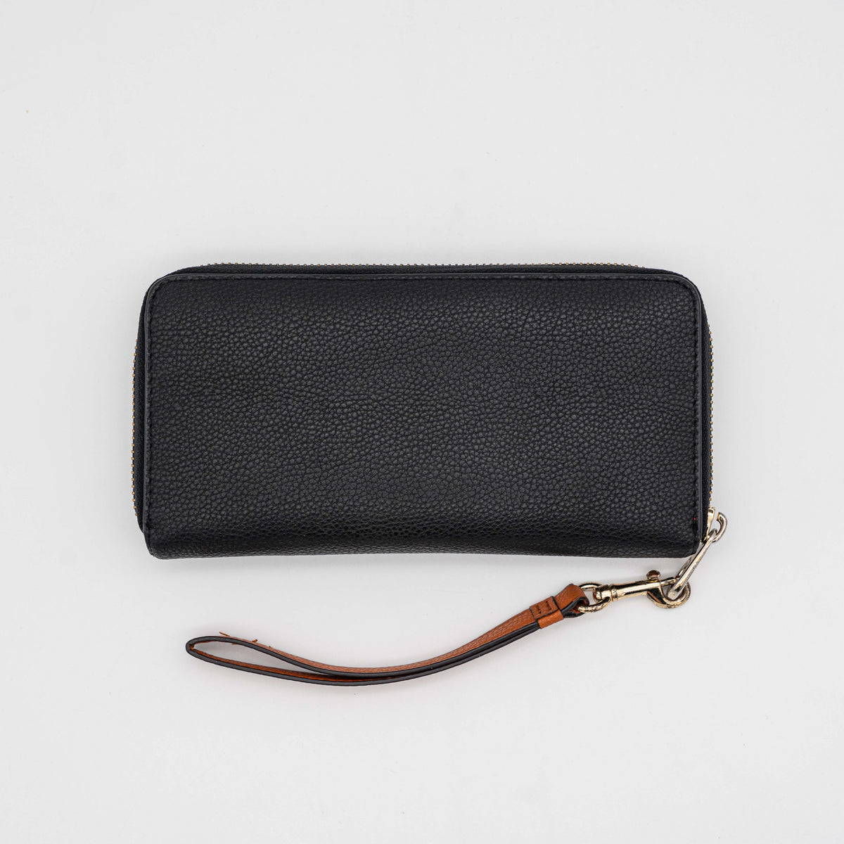 Coach Horse Carriage long zip around wallet in black pebbled leather with wristlet strap, featuring the embossed horse and carriage motif.