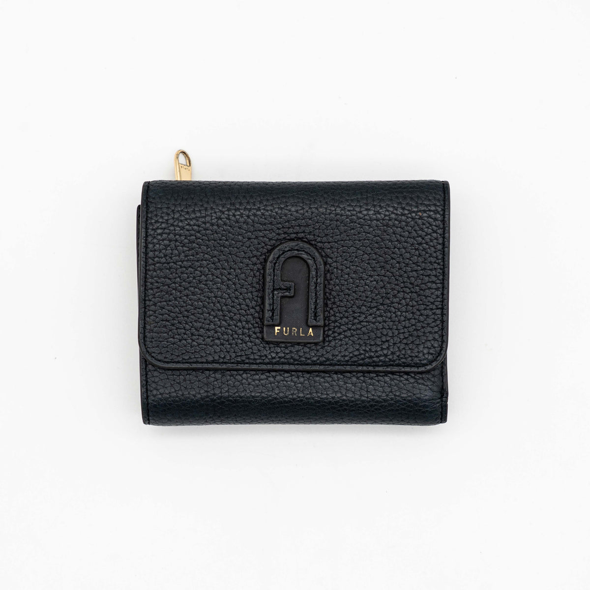 Furla Dafne black trifold wallet in pebbled leather with gold-tone hardware and logo plaque on the front.