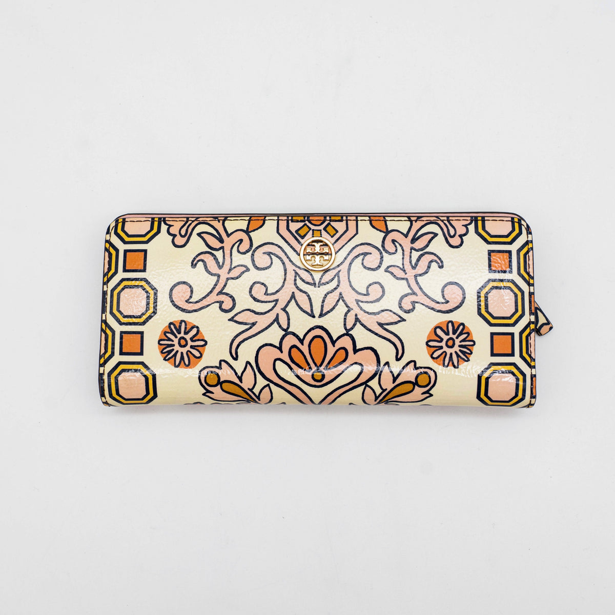 The Tory Burch Hicks Garden Party Wallet in multi-colour coated canvas with intricate floral print and gold logo detail.