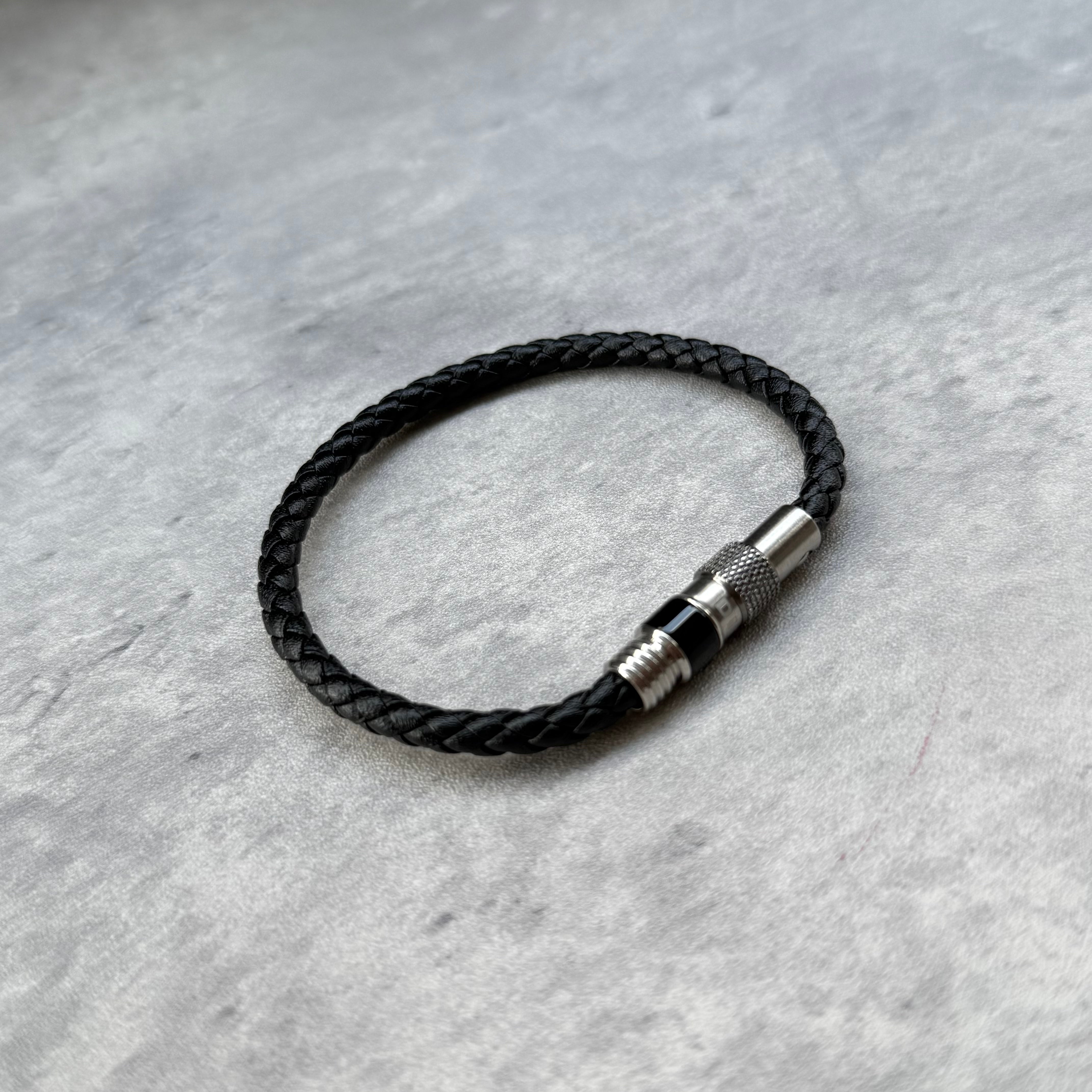 Diesel Black Braided Leather Bracelet with stainless steel magnetic clasp and logo