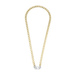 Gold-tone stainless steel Diesel DX1438931 Cuban link necklace featuring a silver-tone Diesel “D” clasp.
