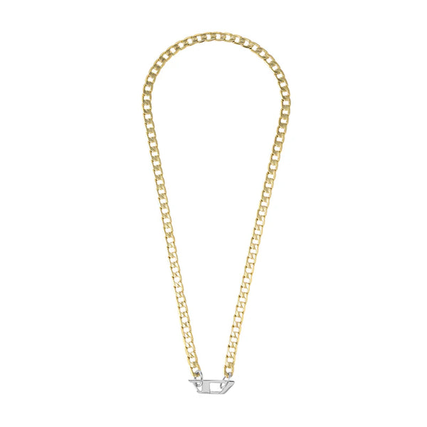 Gold-tone stainless steel Diesel DX1438931 Cuban link necklace featuring a silver-tone Diesel “D” clasp.