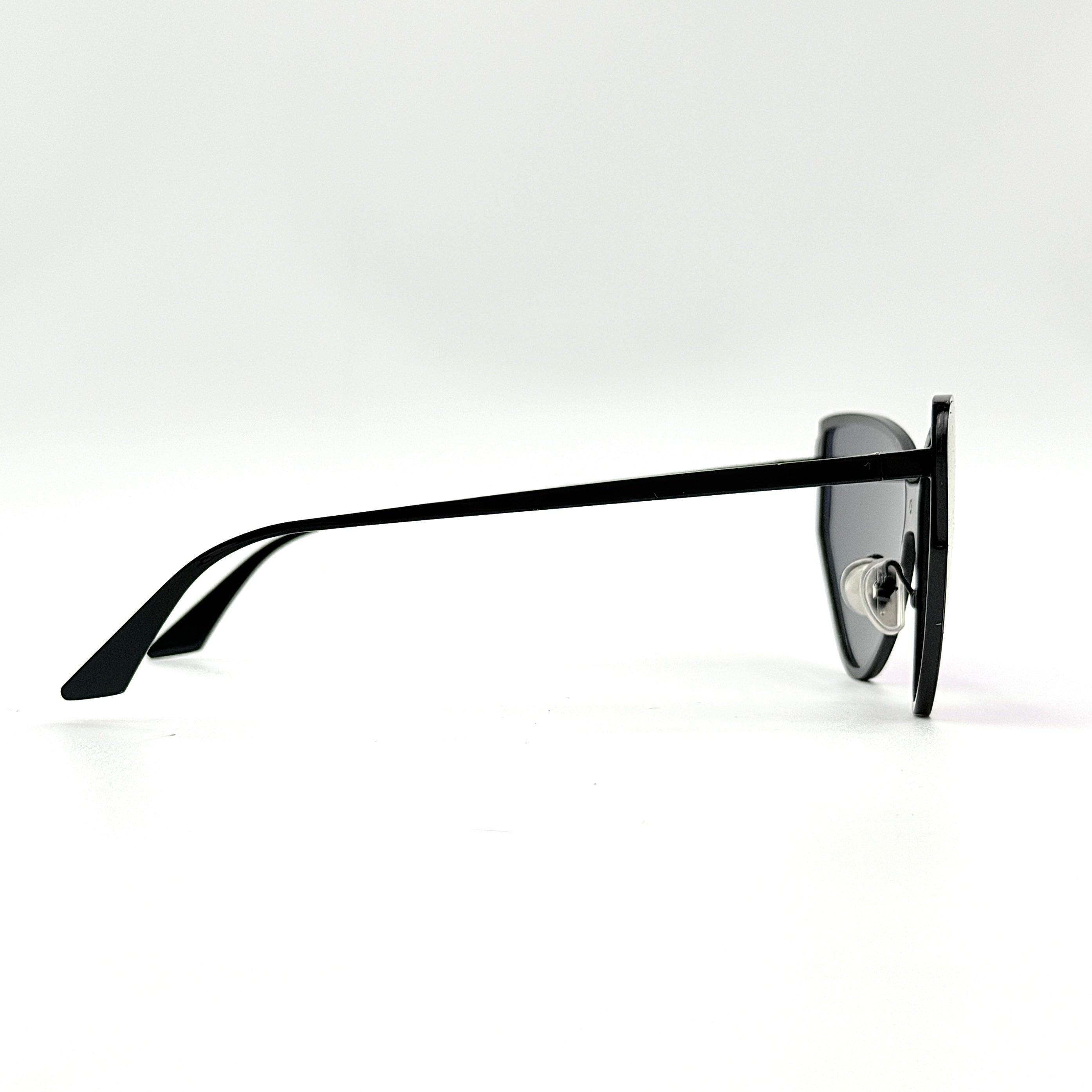 Balenciaga cat-eye sunglasses with purple mirrored lenses and black frame, featuring signature BB logo at the bridge.