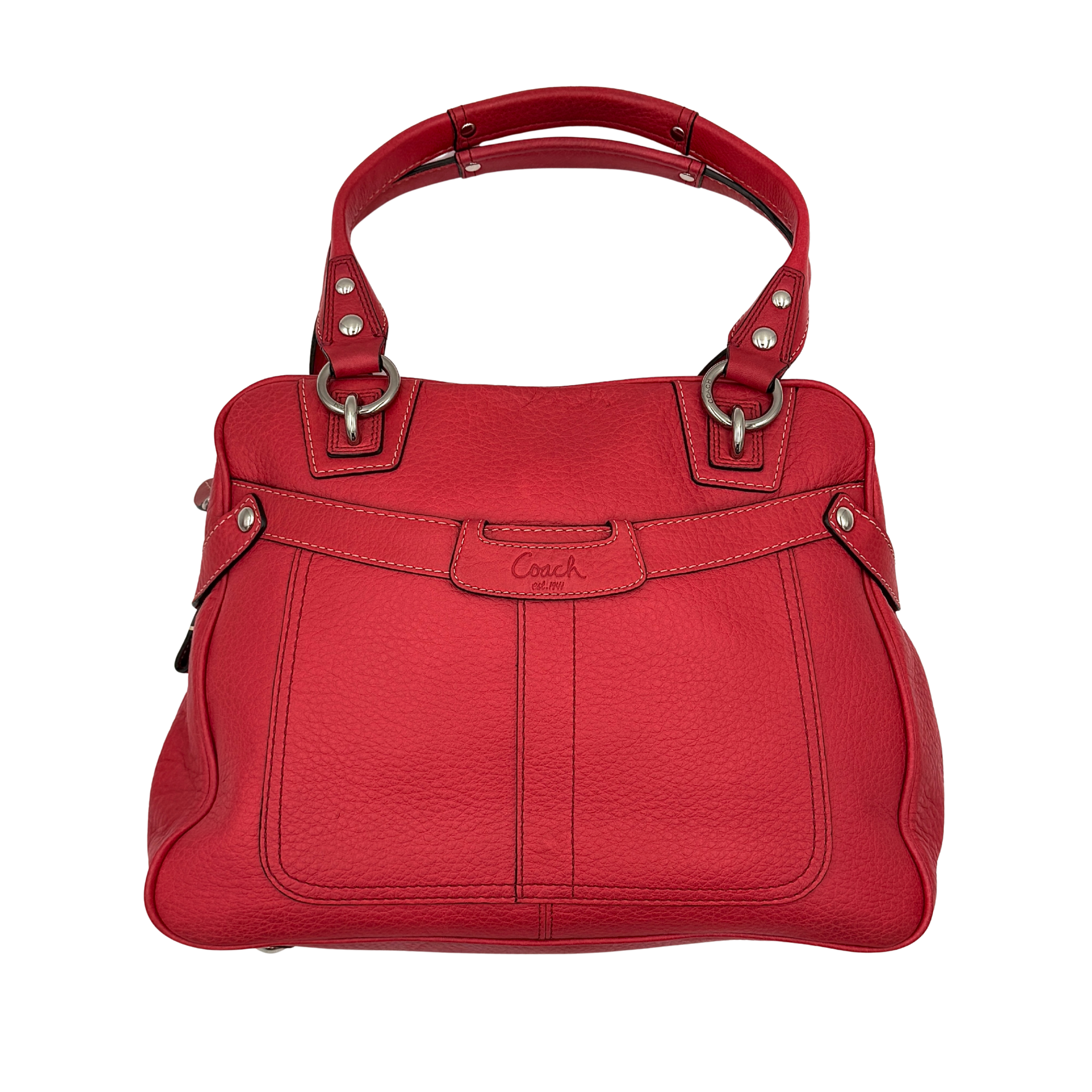 Coach red pebbled leather satchel with dual rolled handles, silver hardware, and structured silhouette.