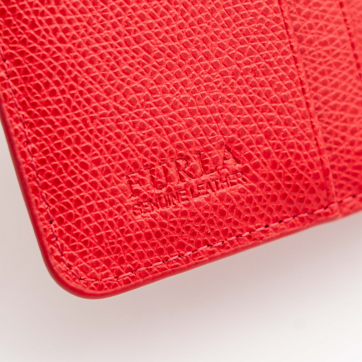 Furla Metropolis Compact Wallet in red leather with gold hardware, shown with original box, dust bag, and cards.