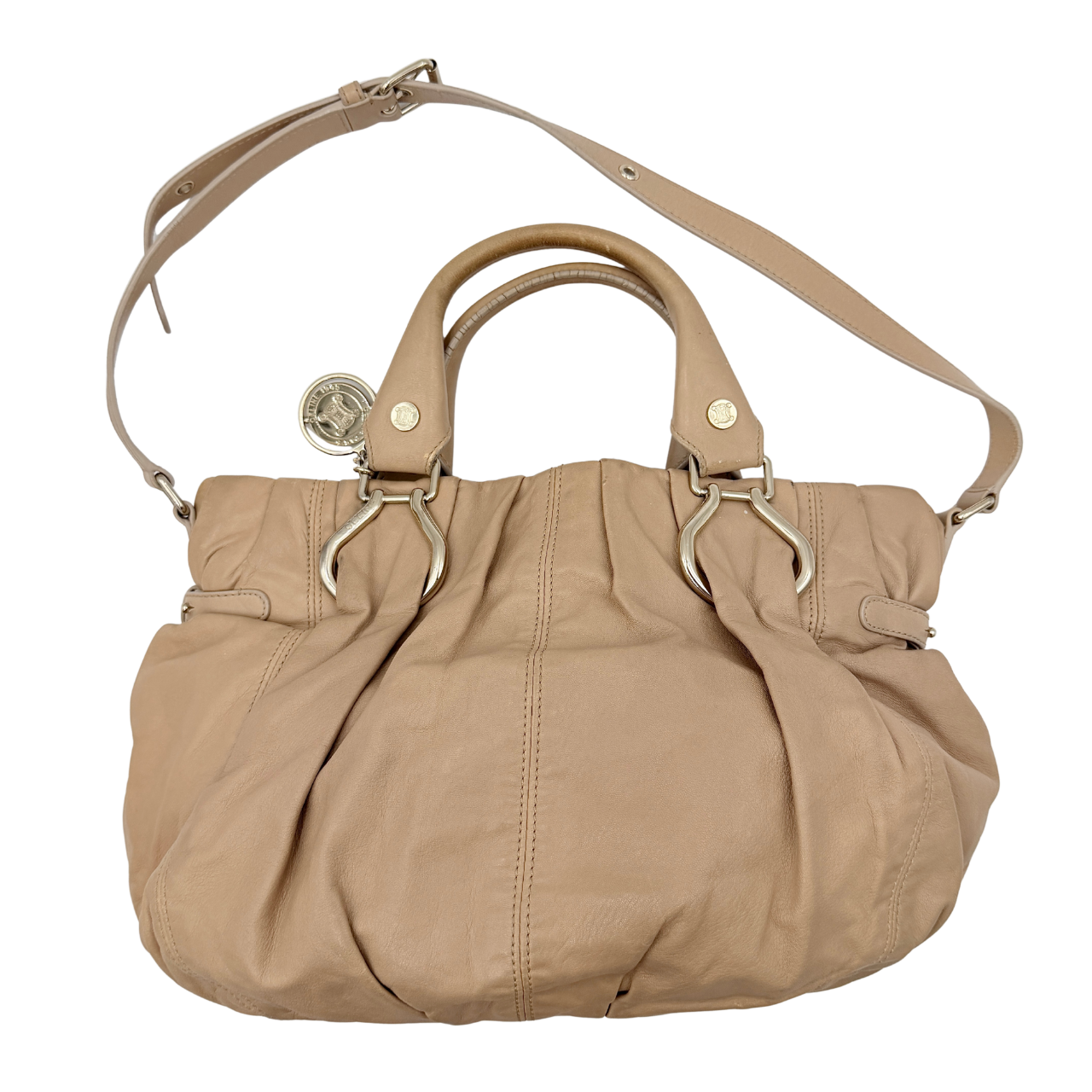 Celine 2Way Leather Shoulder Bag in muted brown leather with gold-tone hardware, adjustable strap, and double handles.