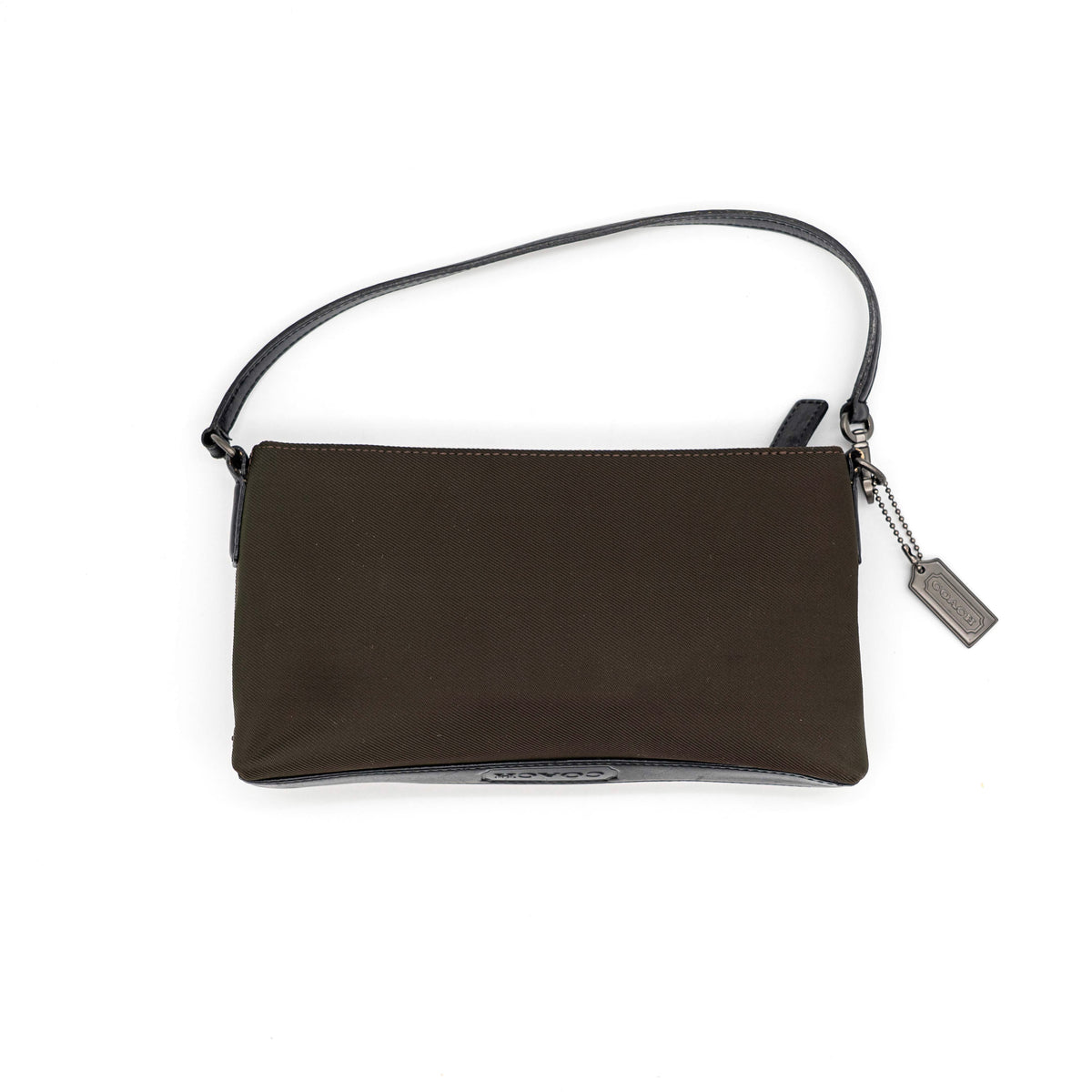 Coach Mercer Demi Tote Bag in brown nylon with black leather trim and gunmetal hardware, shown with signature Coach tag.