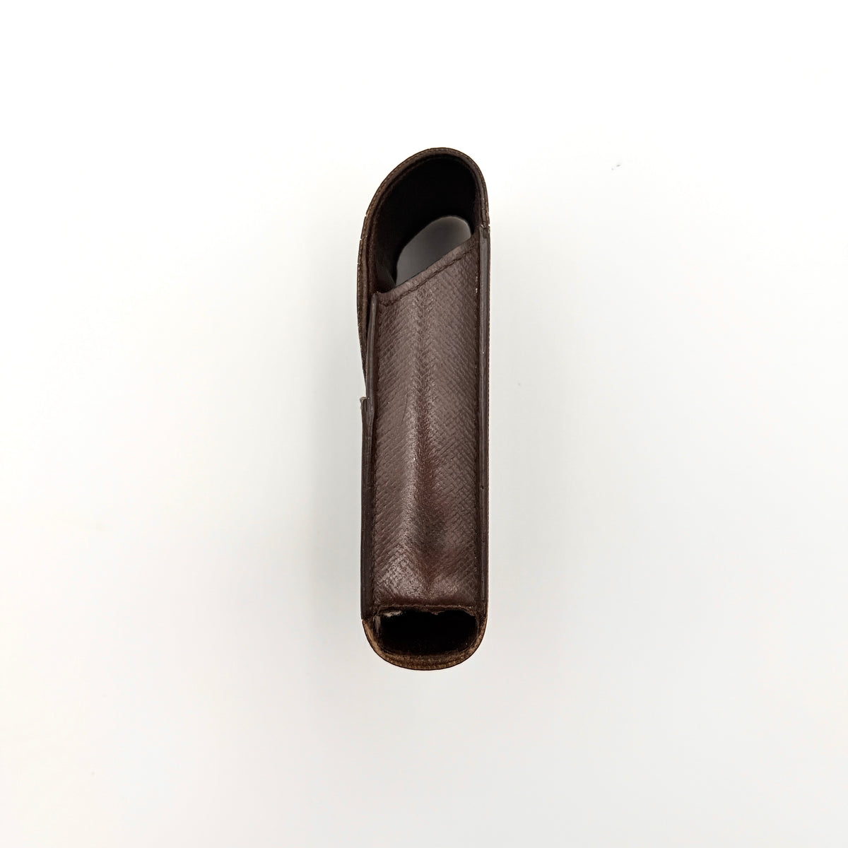 Louis Vuitton Damier Ebene Cigarette Case in brown coated canvas with original box, dust bag, and cards displayed.