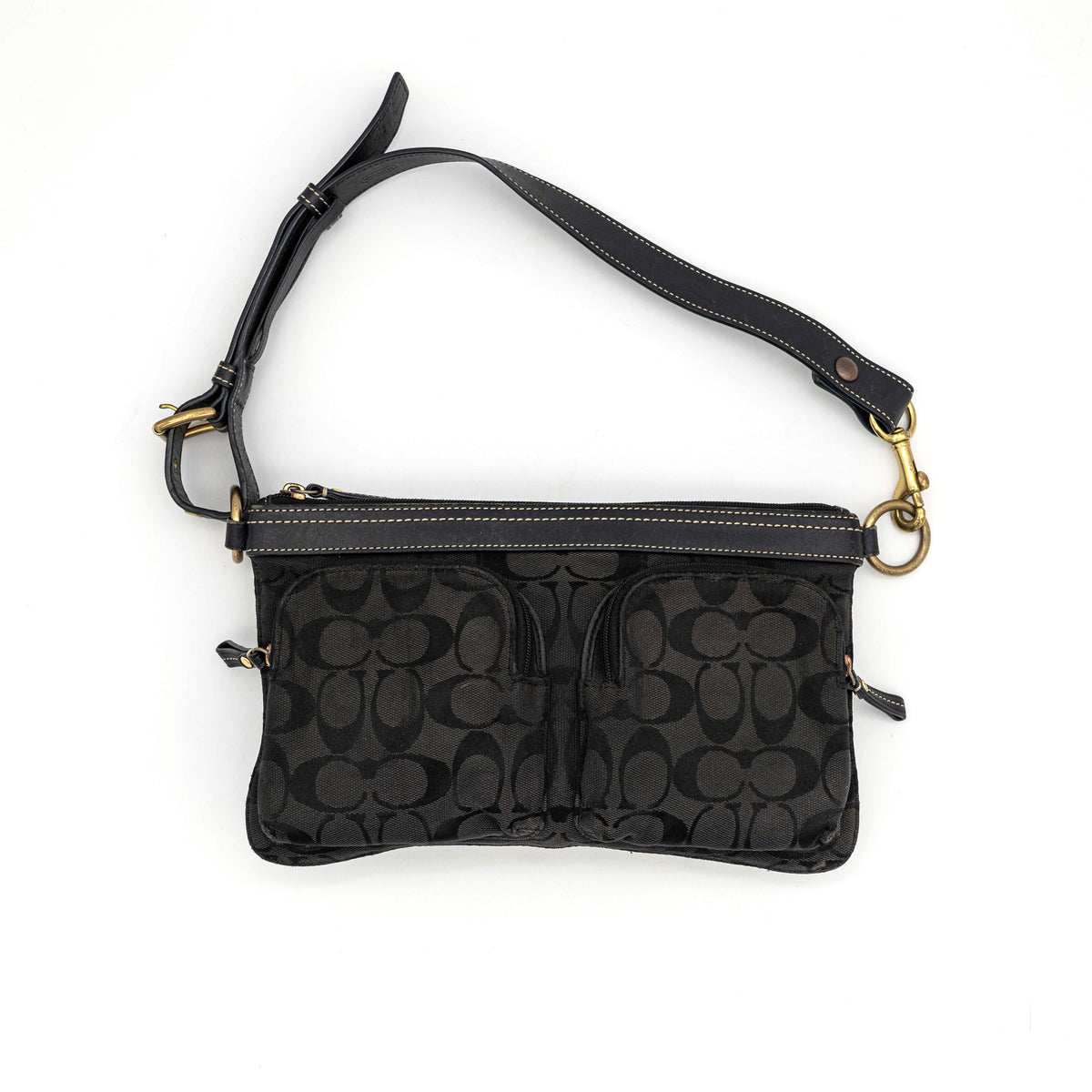 Coach Signature Double Pocket Shoulder Bag in black jacquard with dual zip pockets and an adjustable leather strap.