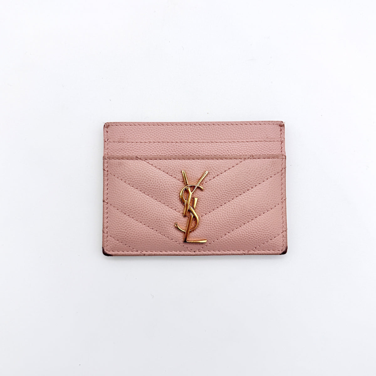 Saint Laurent YSL Cassandre Matelassé card holder in pink grained leather with gold YSL monogram.