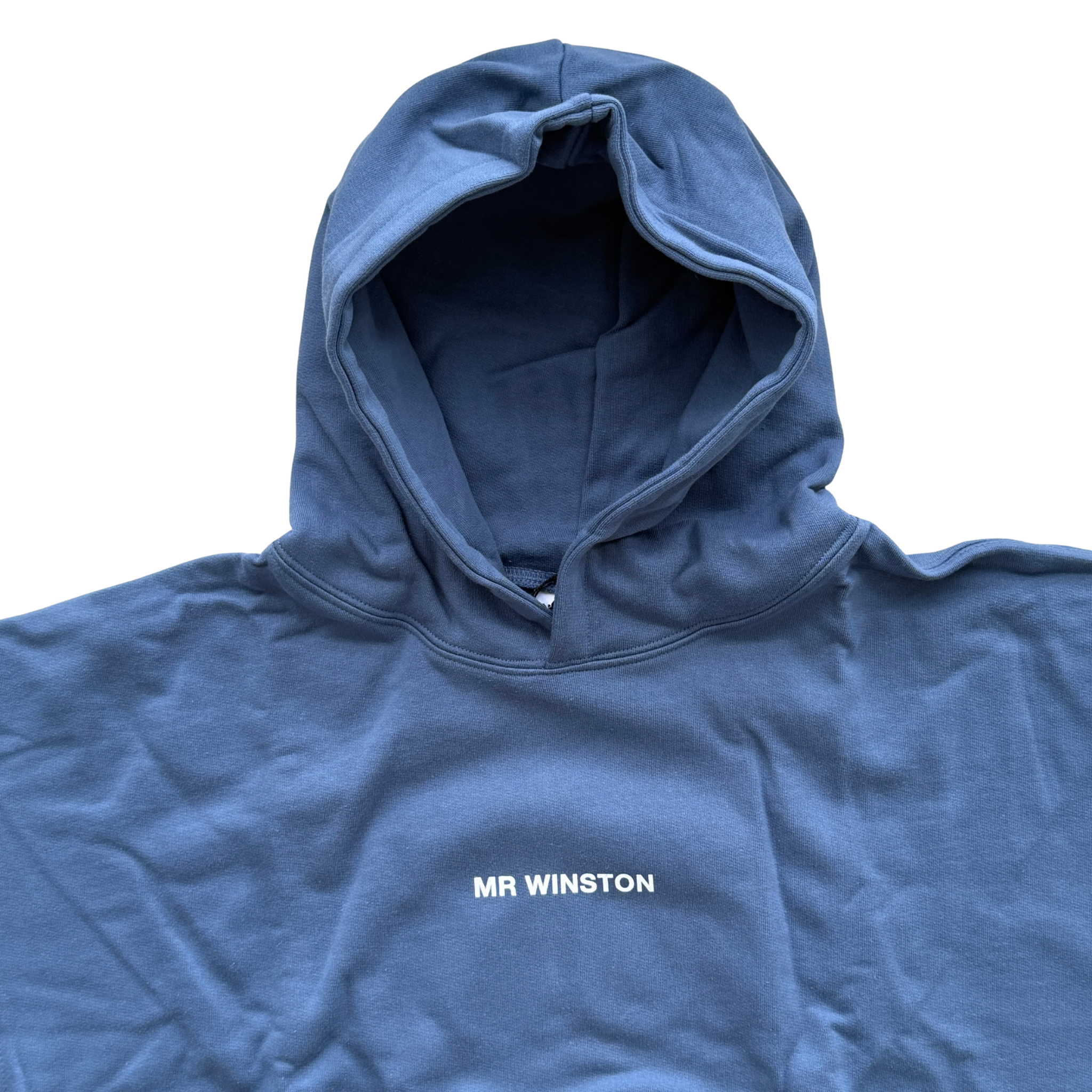 Mr Winston navy hooded sweatshirt with front logo detail, shown laid flat.