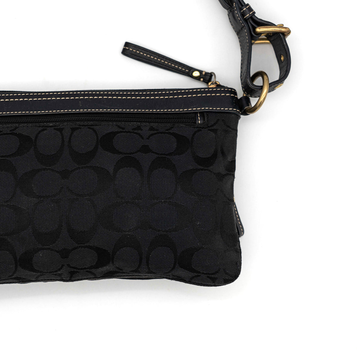 Coach Signature Double Pocket Shoulder Bag in black jacquard with dual zip pockets and an adjustable leather strap.