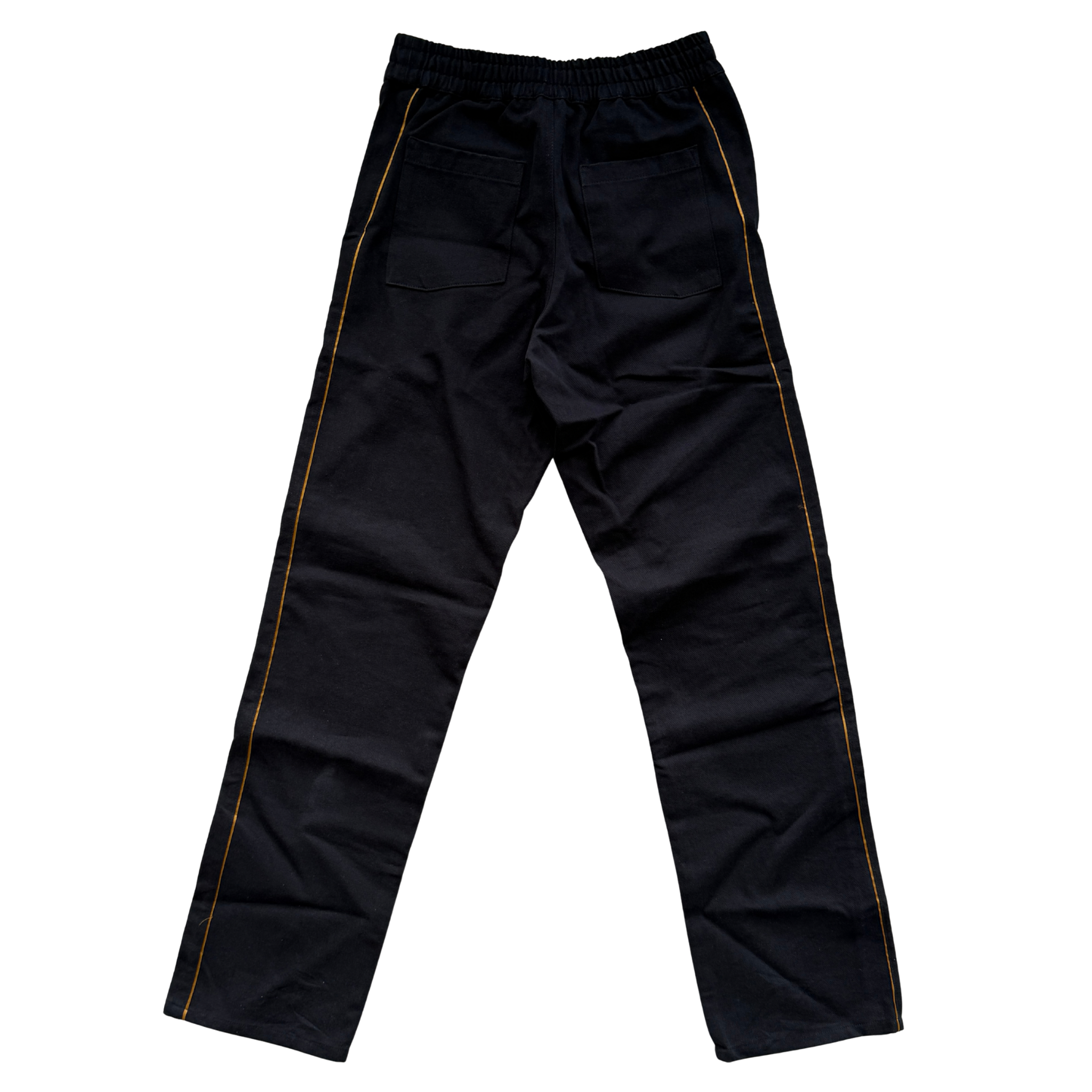 Rhude Piped Twill Pant in black cotton twill with ochre piping and a relaxed drawstring waist.
