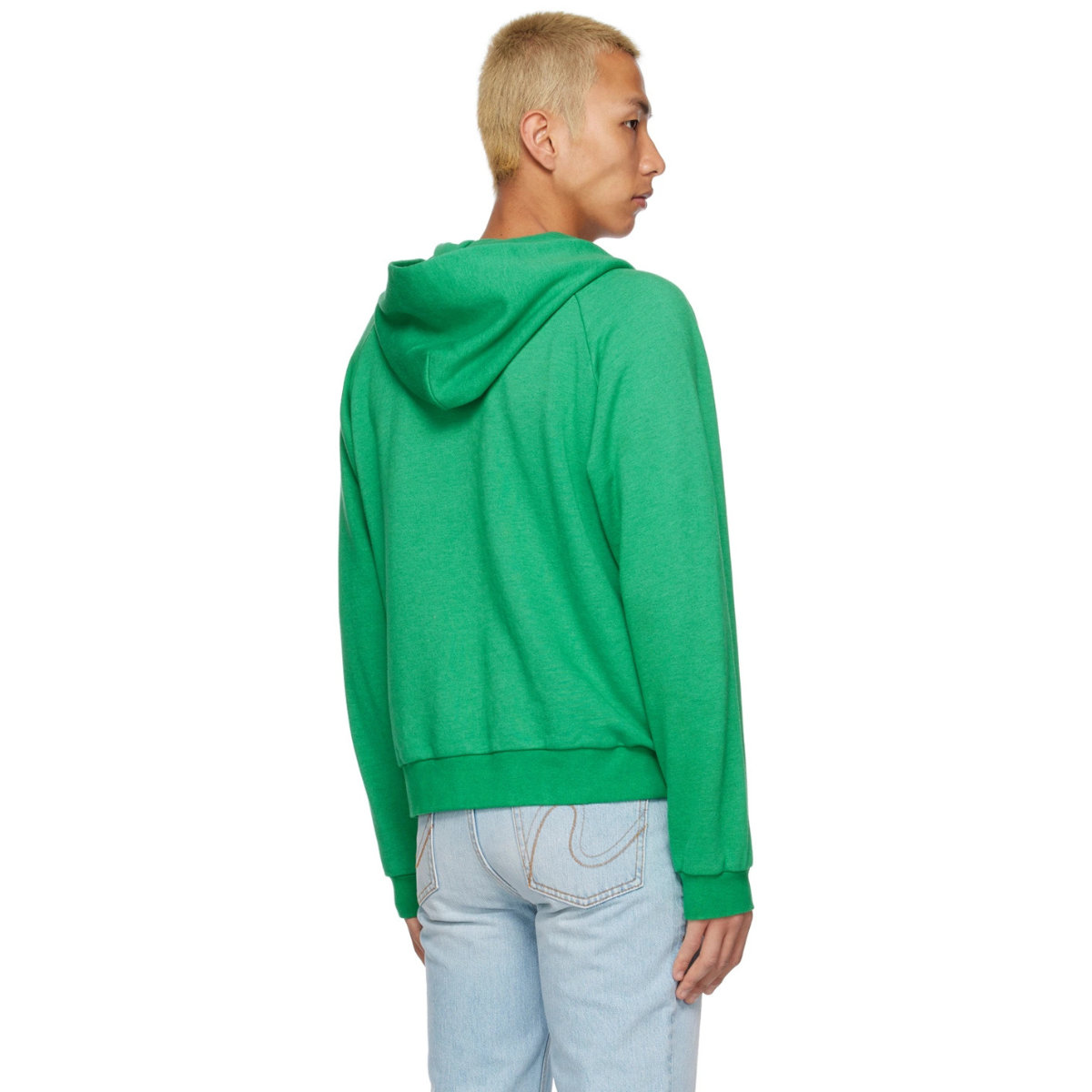 ERL Green Raglan Hoodie in soft cotton fleece with full zip closure, raglan sleeves, and tonal embroidered logo