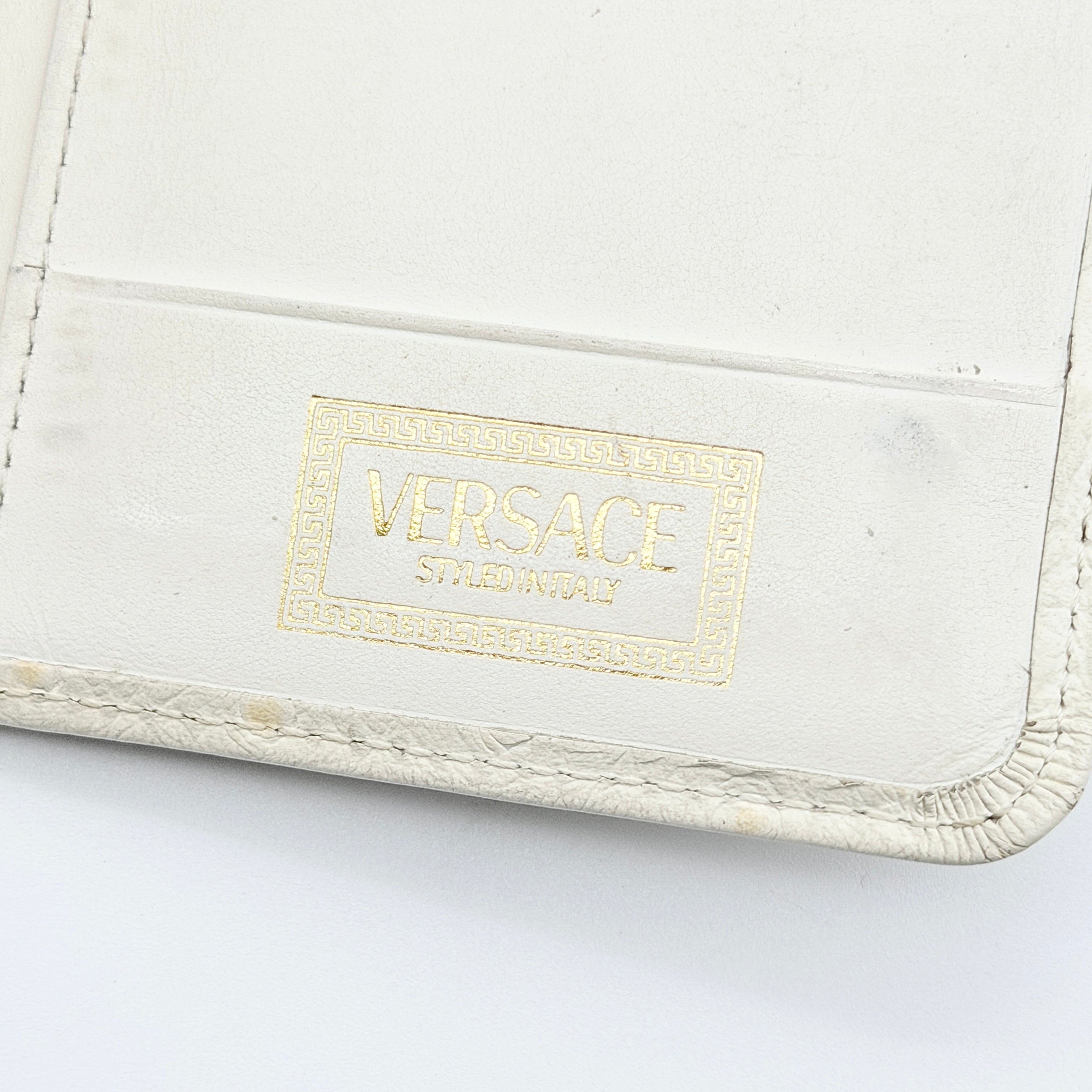 Versace Ostrich Leather Sunburst Medallion Card Case Cream/Gold