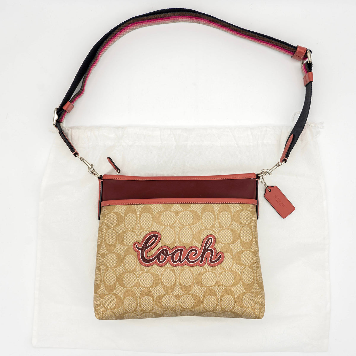 Coach Signature Script File Crossbody Bag Beige/Burgundy