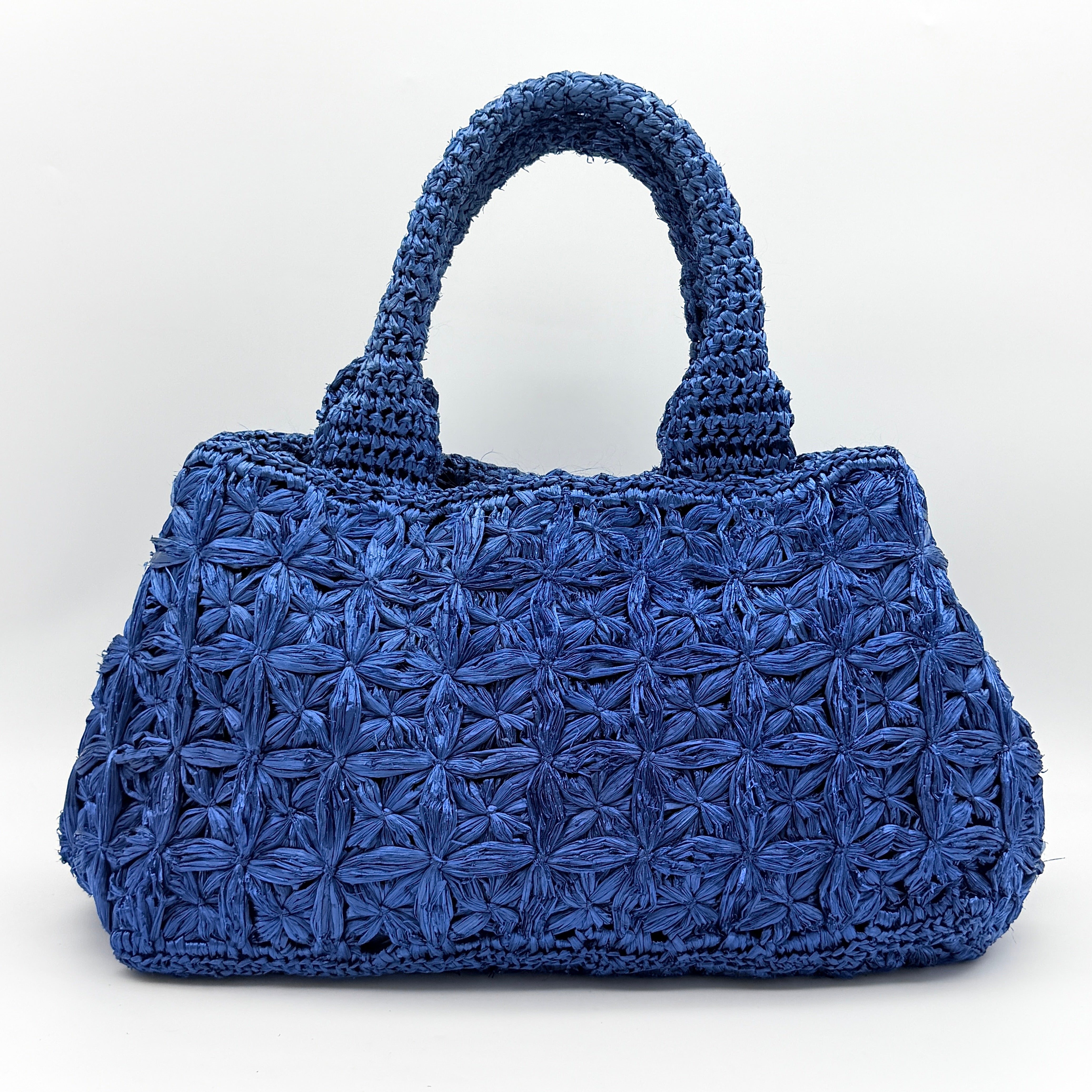 Prada Canapa Crochet Raffia Tote Bag Blue