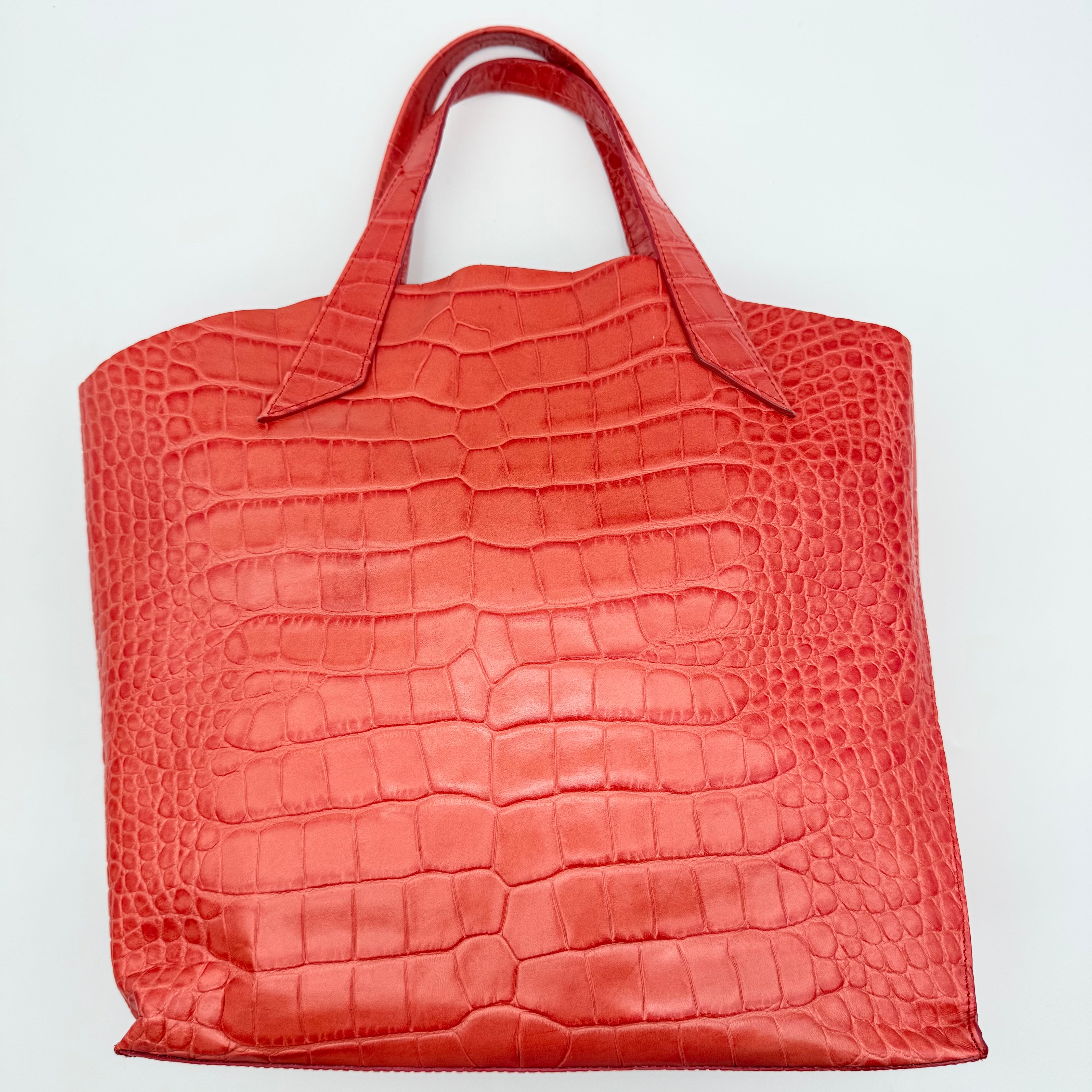 Furla Croc Embossed Leather Tote Bag Orange