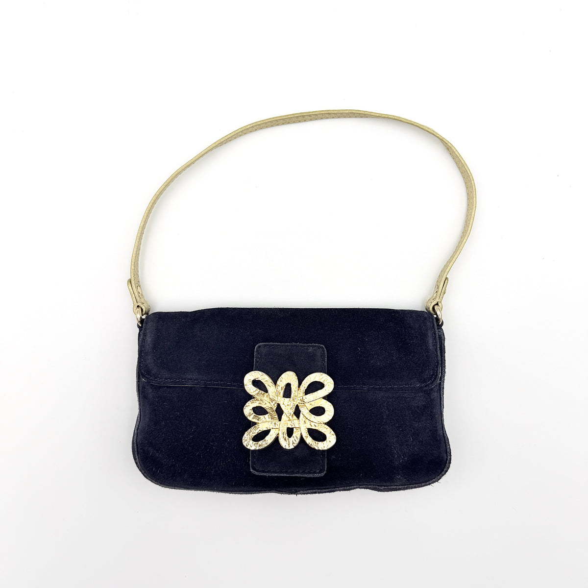 Navy blue suede Kate Spade baguette bag with floral gold hardware and gold-tone shoulder strap.
