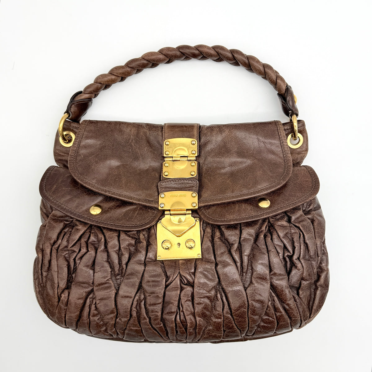 Miu Miu 2Way Matelasse Coffer Hobo Shoulder Bag Dark Brown