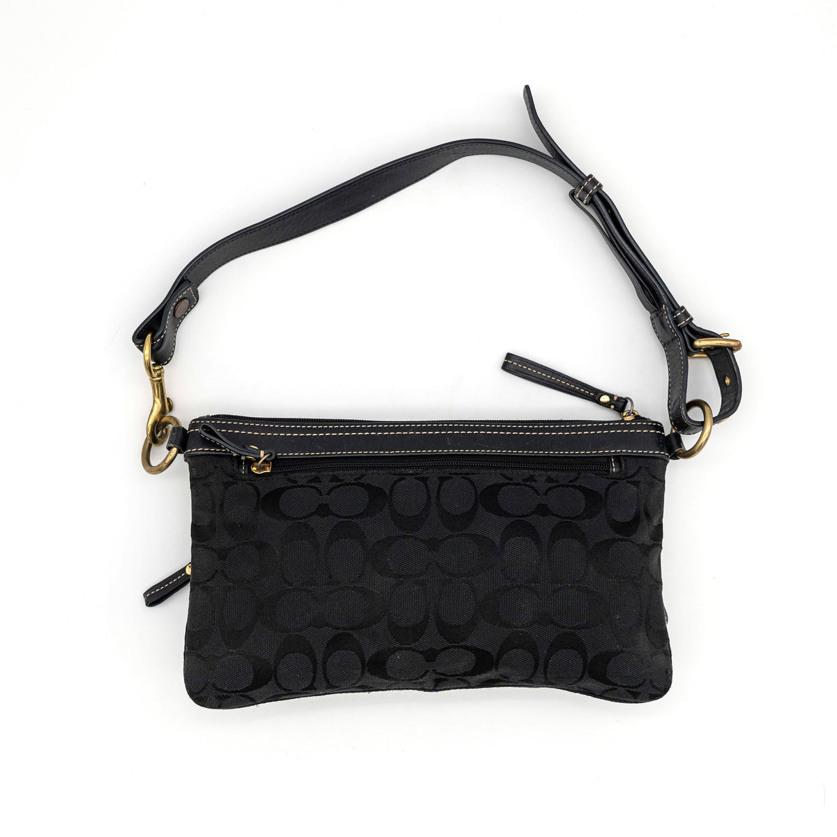 Coach Signature Double Pocket Shoulder Bag in black jacquard with dual zip pockets and an adjustable leather strap.