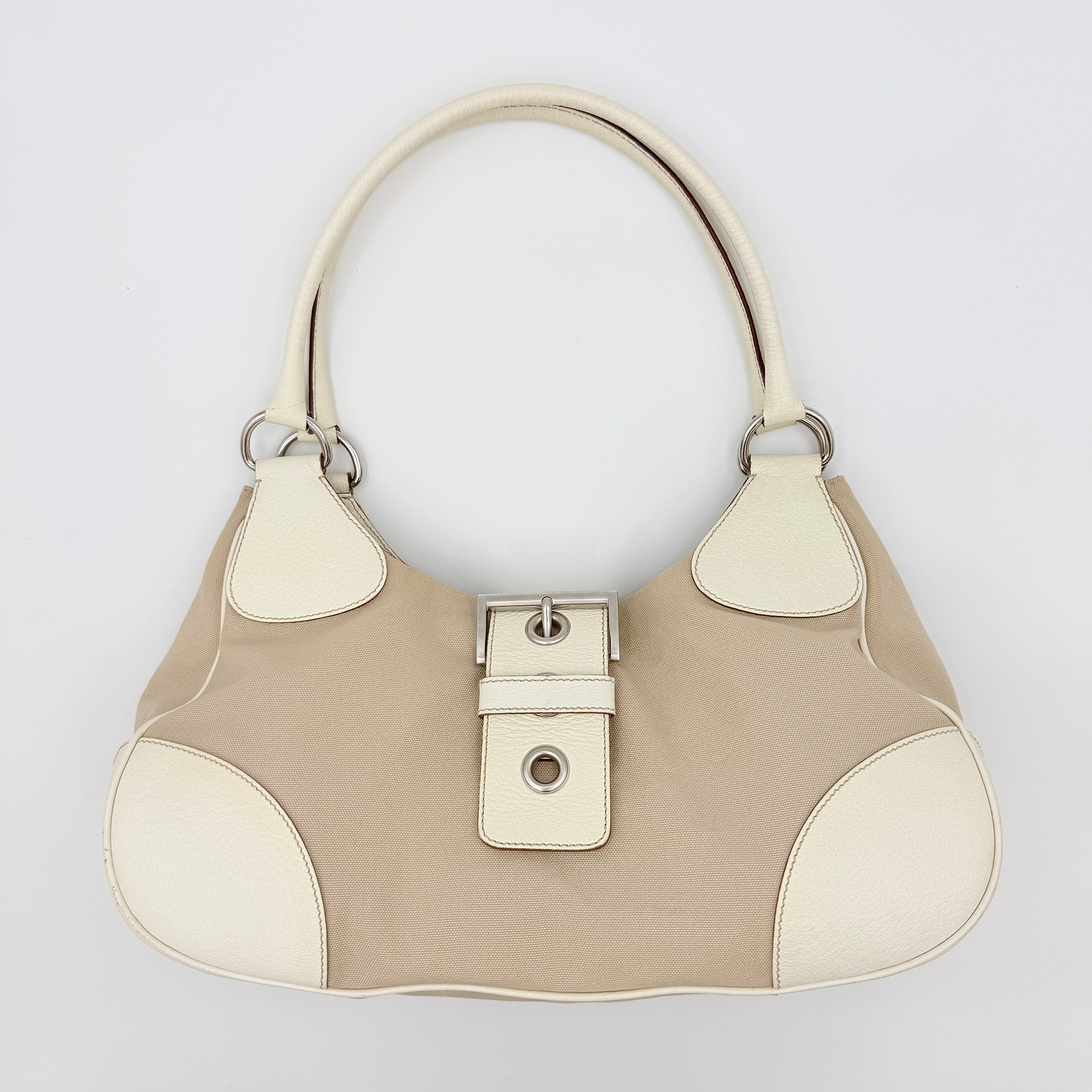 Prada Enamelled Moon Shoulder Bag Beige/Cream