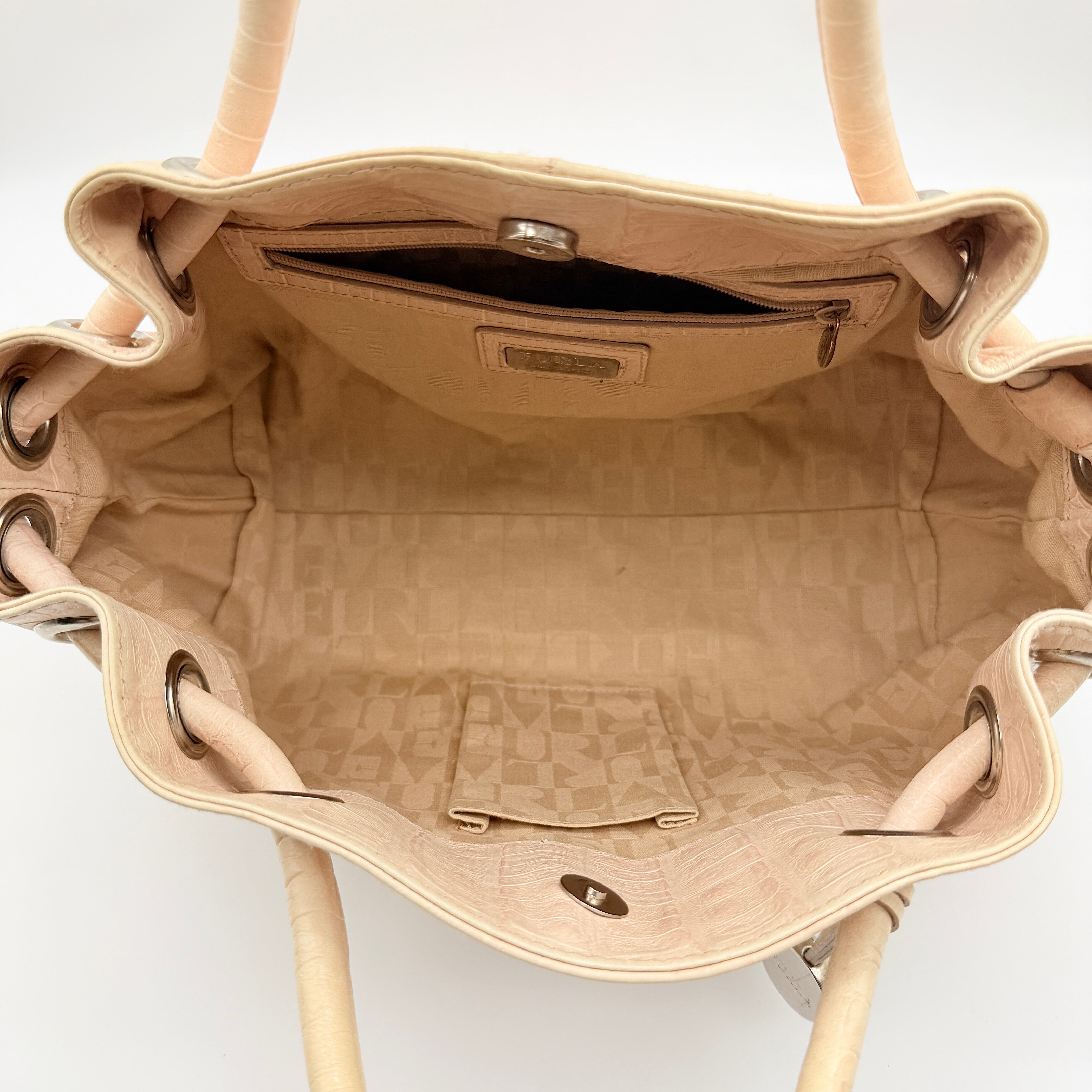 Furla Croc Embossed Leather Handbag Beige