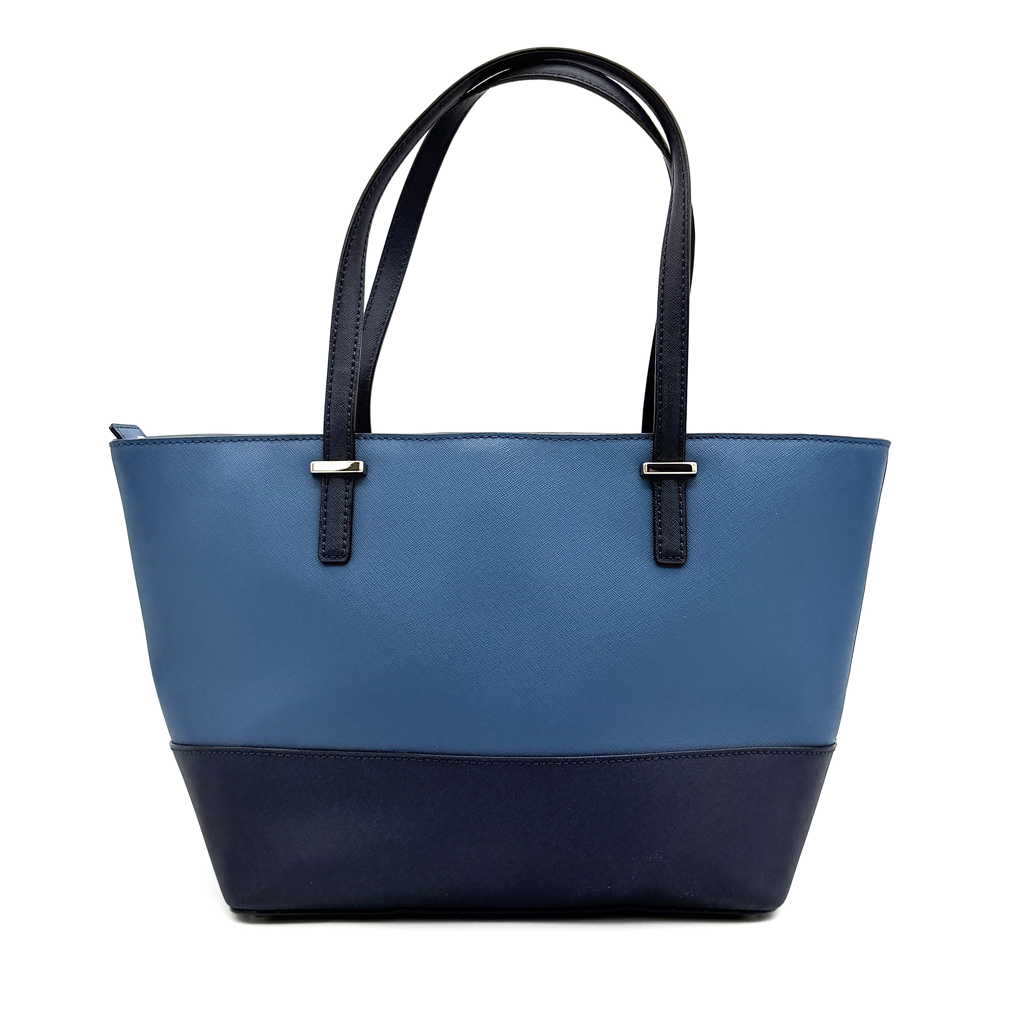 Kate Spade New York leather tote in two-tone blue with gold-tone hardware and structured handles.