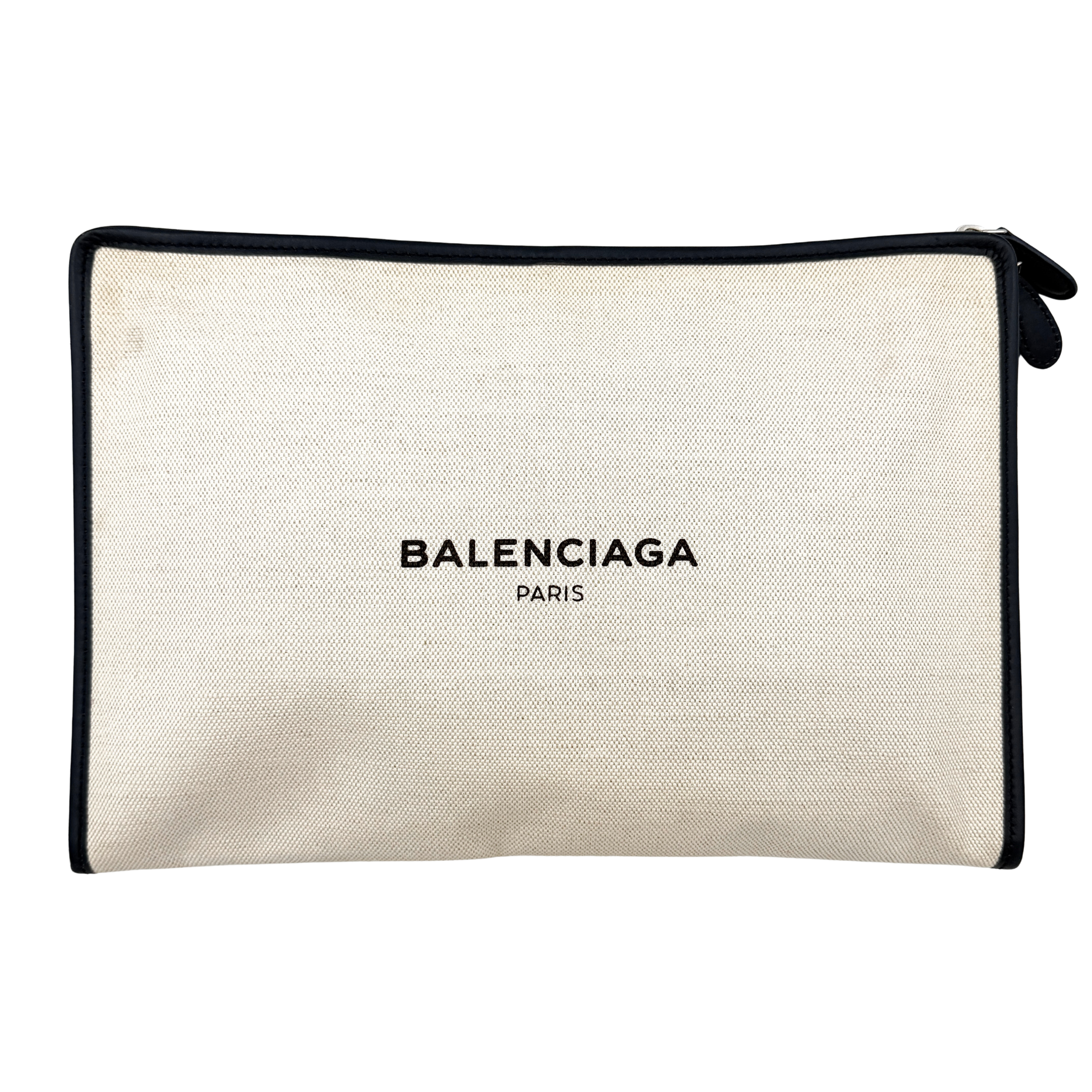 Balenciaga large ivory canvas clutch with black leather trim and logo, shown against a plain background.