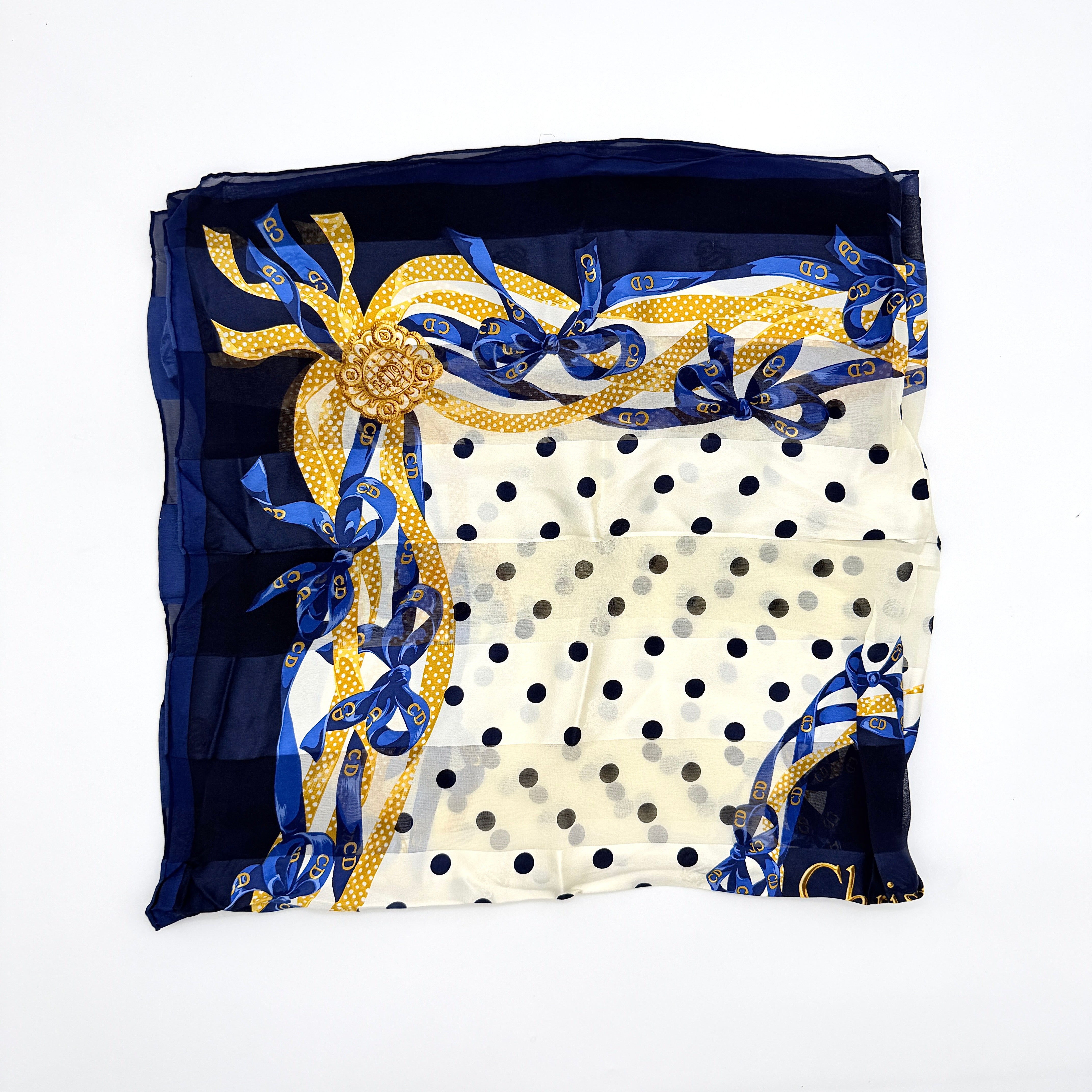 Dior Polka Dot Ribbon Silk Scarf Navy Blue