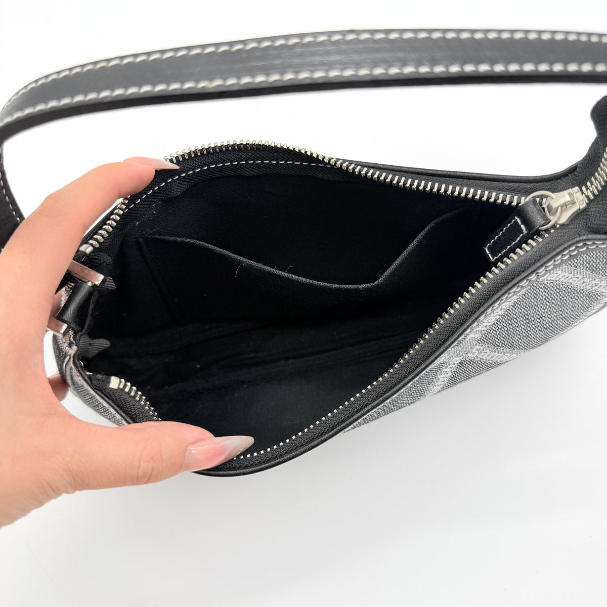 Samantha Thavasa Monogram Baguette Shoulder Bag in grey and black with all-over logo print and black strap.