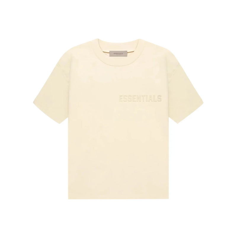 Fear of God Essentials SS22 Tee in eggshell, featuring tonal chest logo and boxy silhouette in heavyweight cotton
