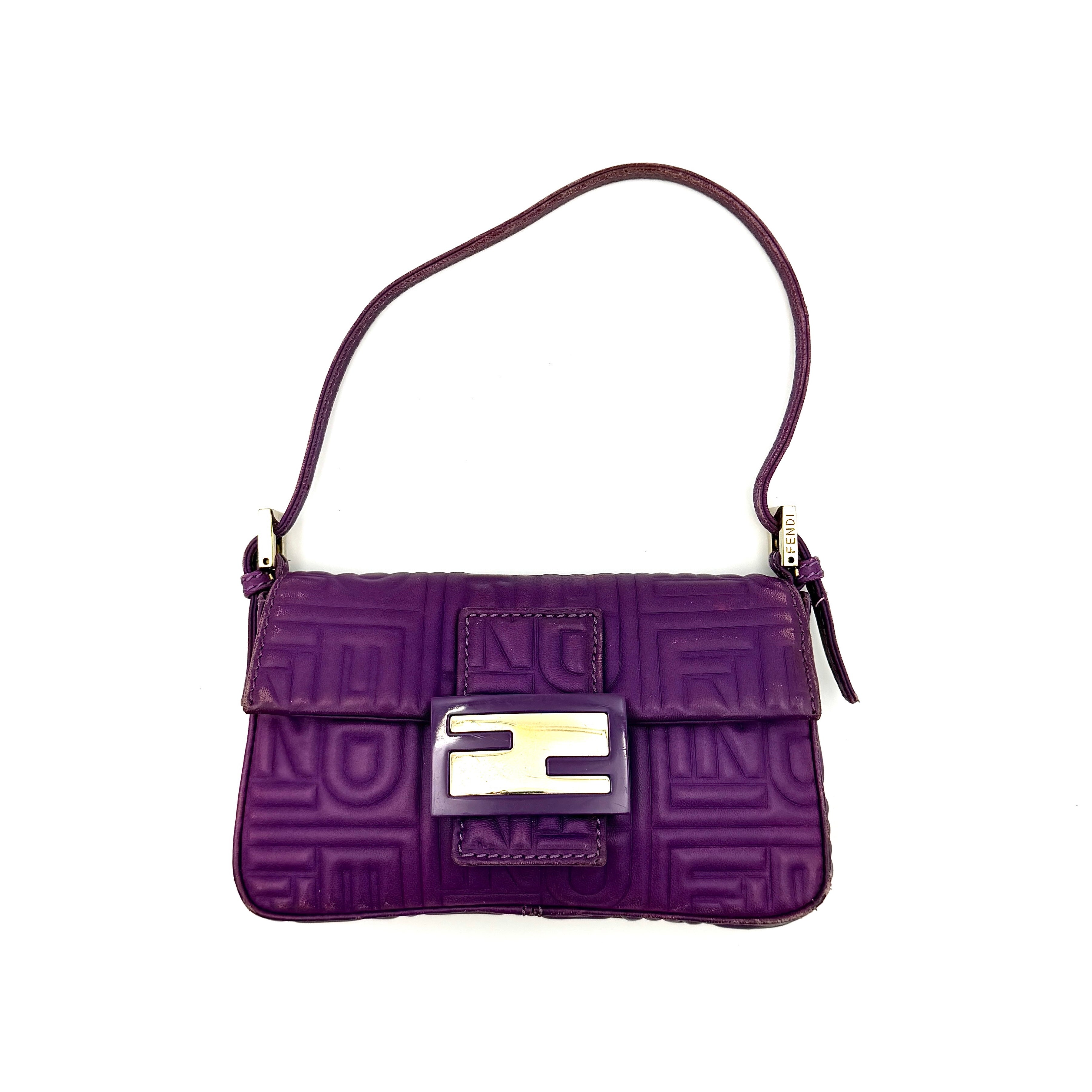 Fendi Baguette Shoulder Bag in purple embossed leather with silver FF buckle and multicolor interior lining.
