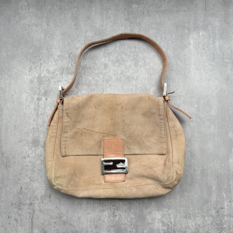 Fendi Mamma Baguette Shoulder Bag in nude suede with pink leather trim, silver FF buckle, and soft vintage structure.