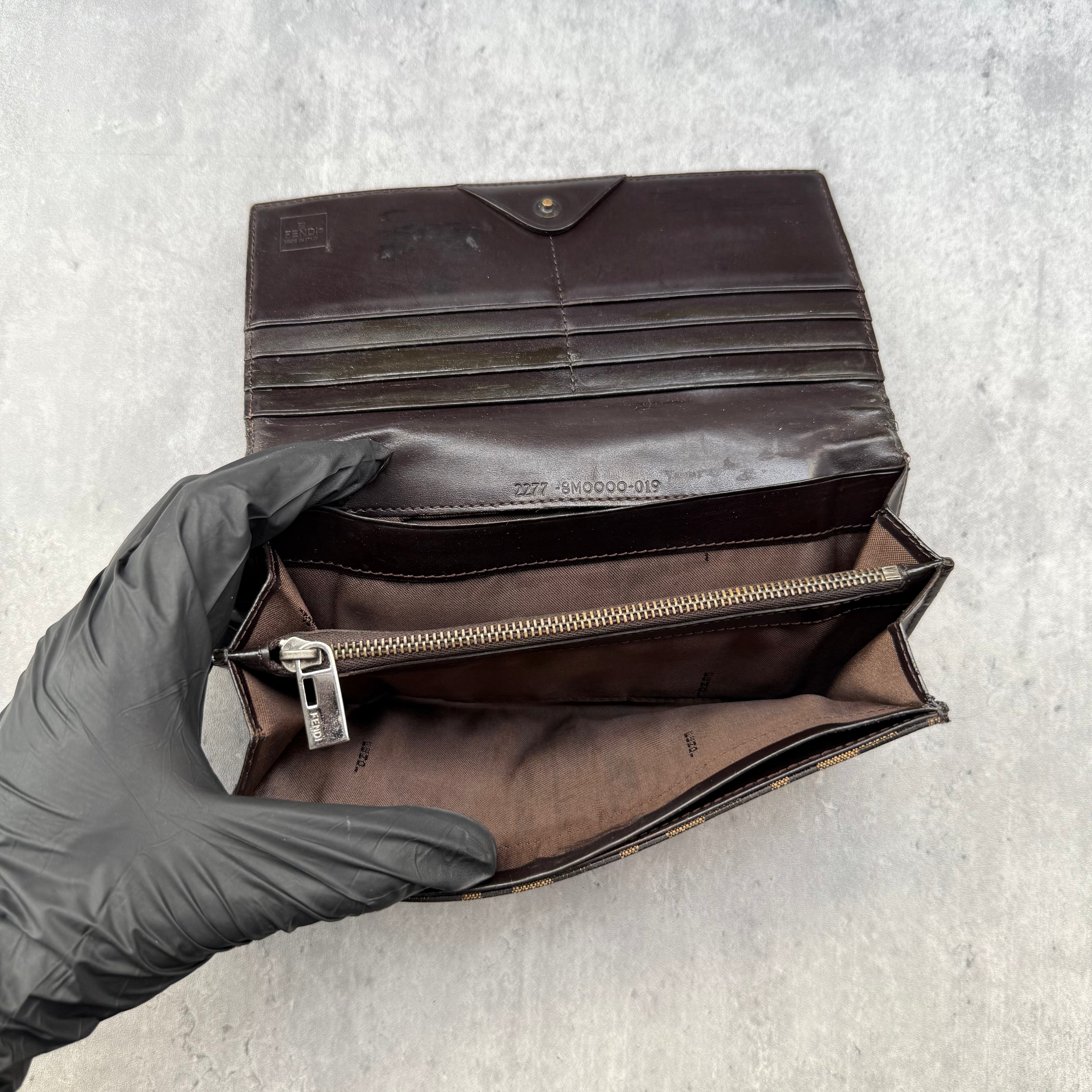 Fendi Zucca Canvas Long Wallet with brown leather interior, featuring FF monogram and snap closure