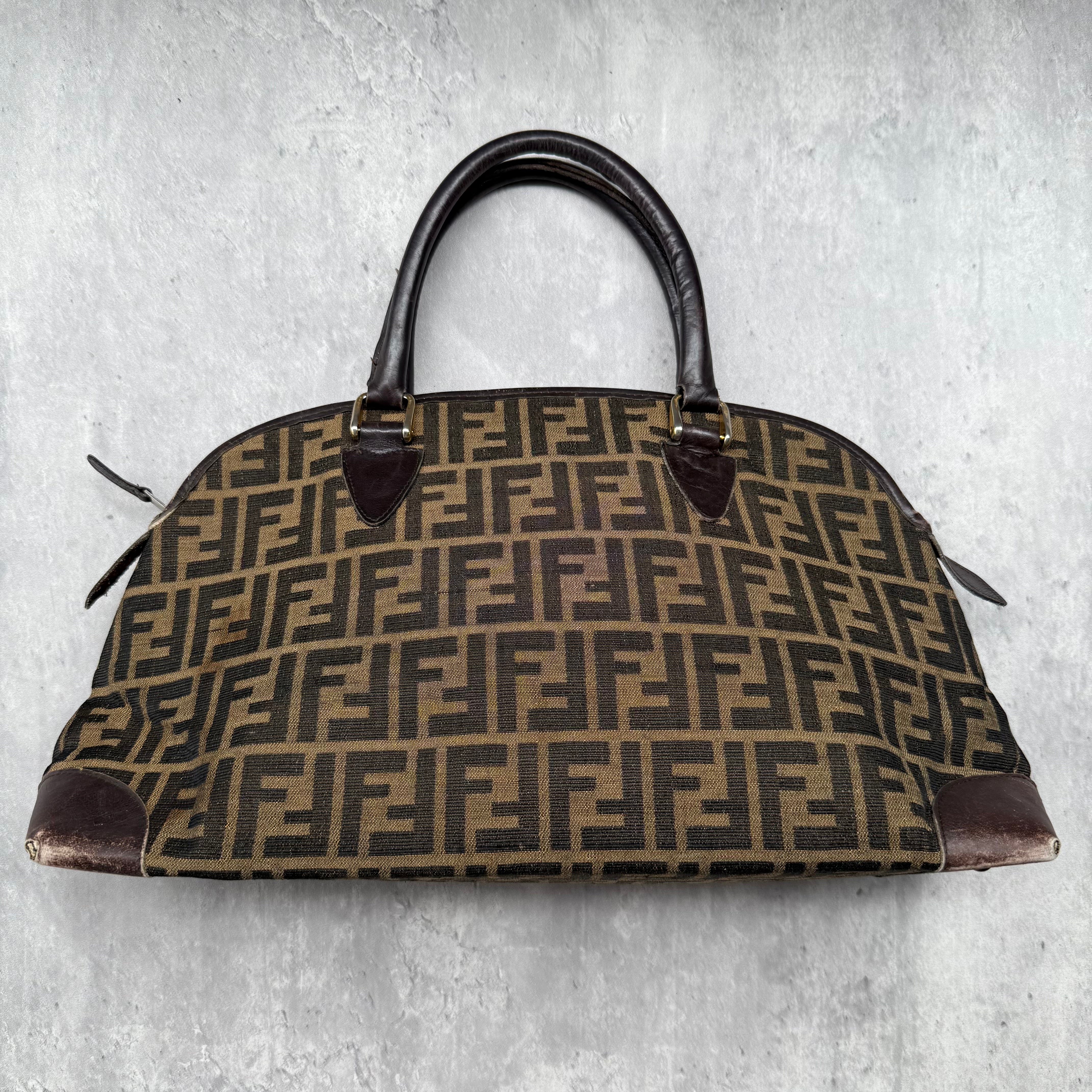 Fendi Zucca FF Print Handbag in brown monogram canvas with leather trim.