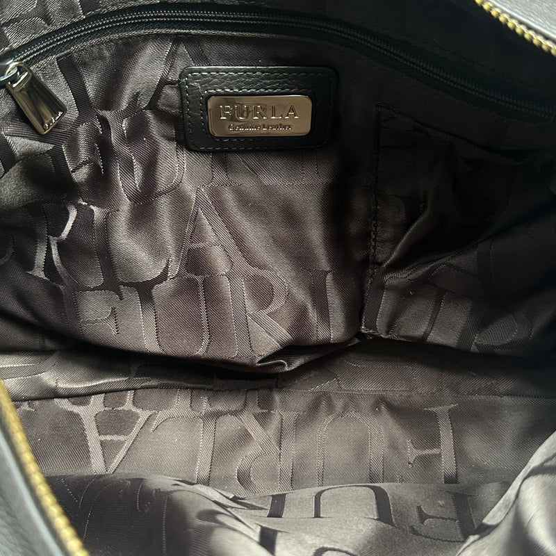Furla Cindy Hobo Bag in brown pebbled leather with purple trim, gold zip closure, and logo-printed interior lining