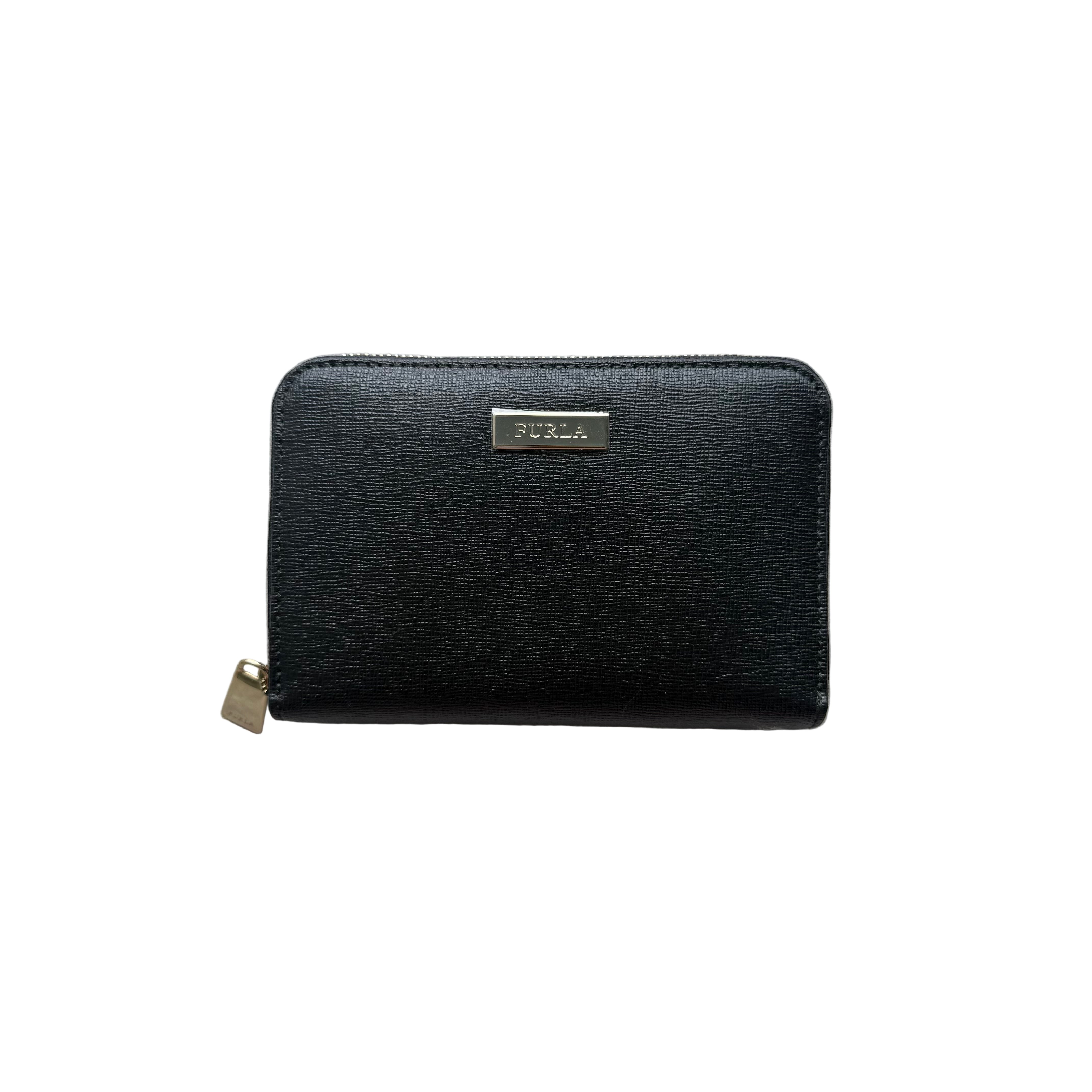 Furla Classic Zip Around Mini Wallet in black textured leather with gold-tone zip closure, card slots, and compartments.