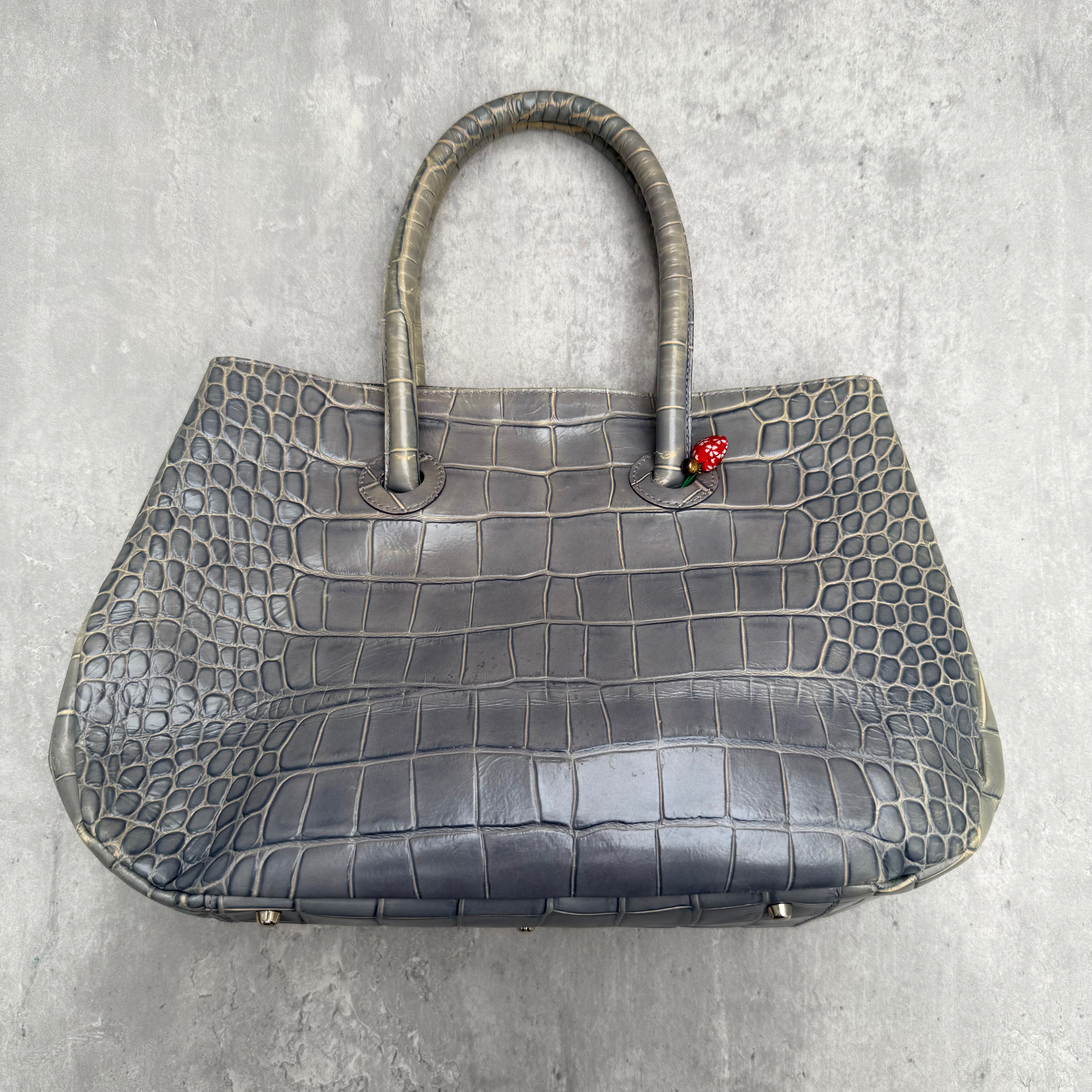 Furla Croc Embossed Leather Shoulder Tote Bag in sage green with silver-tone hardware and dual rolled handles.