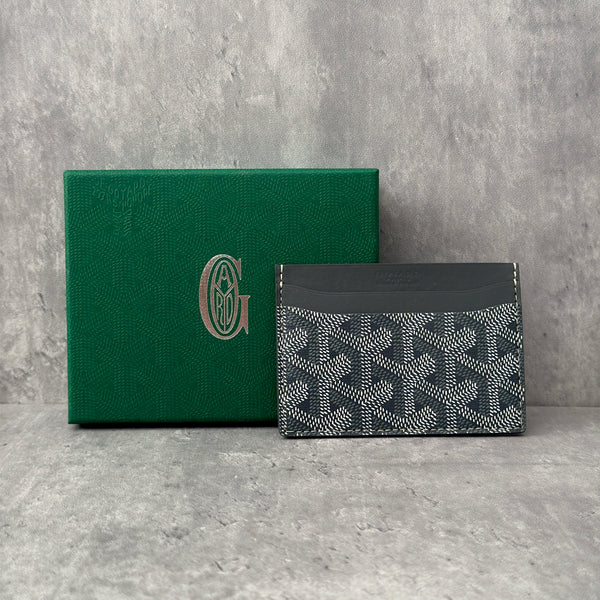 Goyard Grey Goyardine Saint Sulpice Card Holder, featuring iconic monogram canvas with leather trim and multiple card slots.
