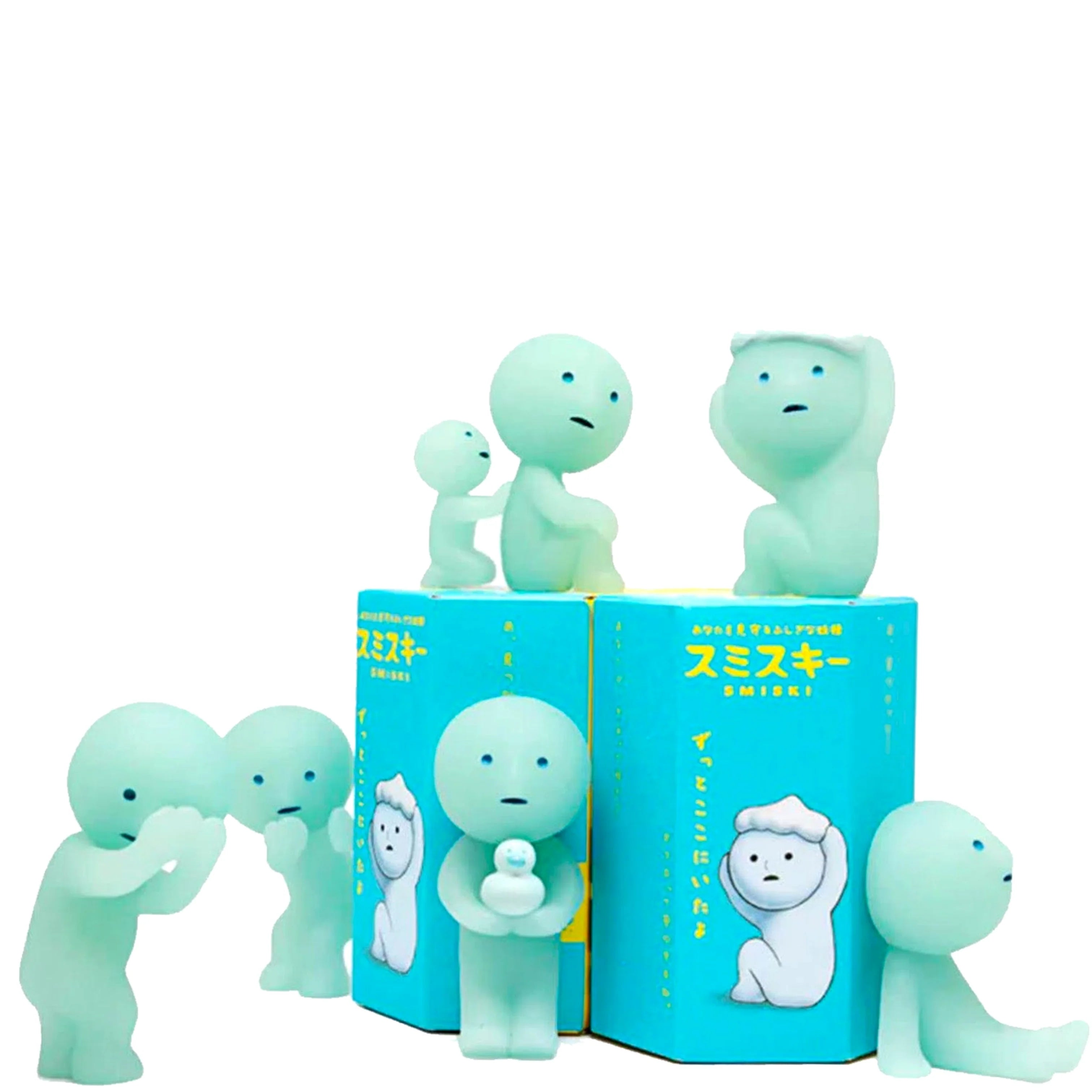Smiski collectible figure, glow-in-the-dark mini character in quirky poses, perfect for shelves and desks.