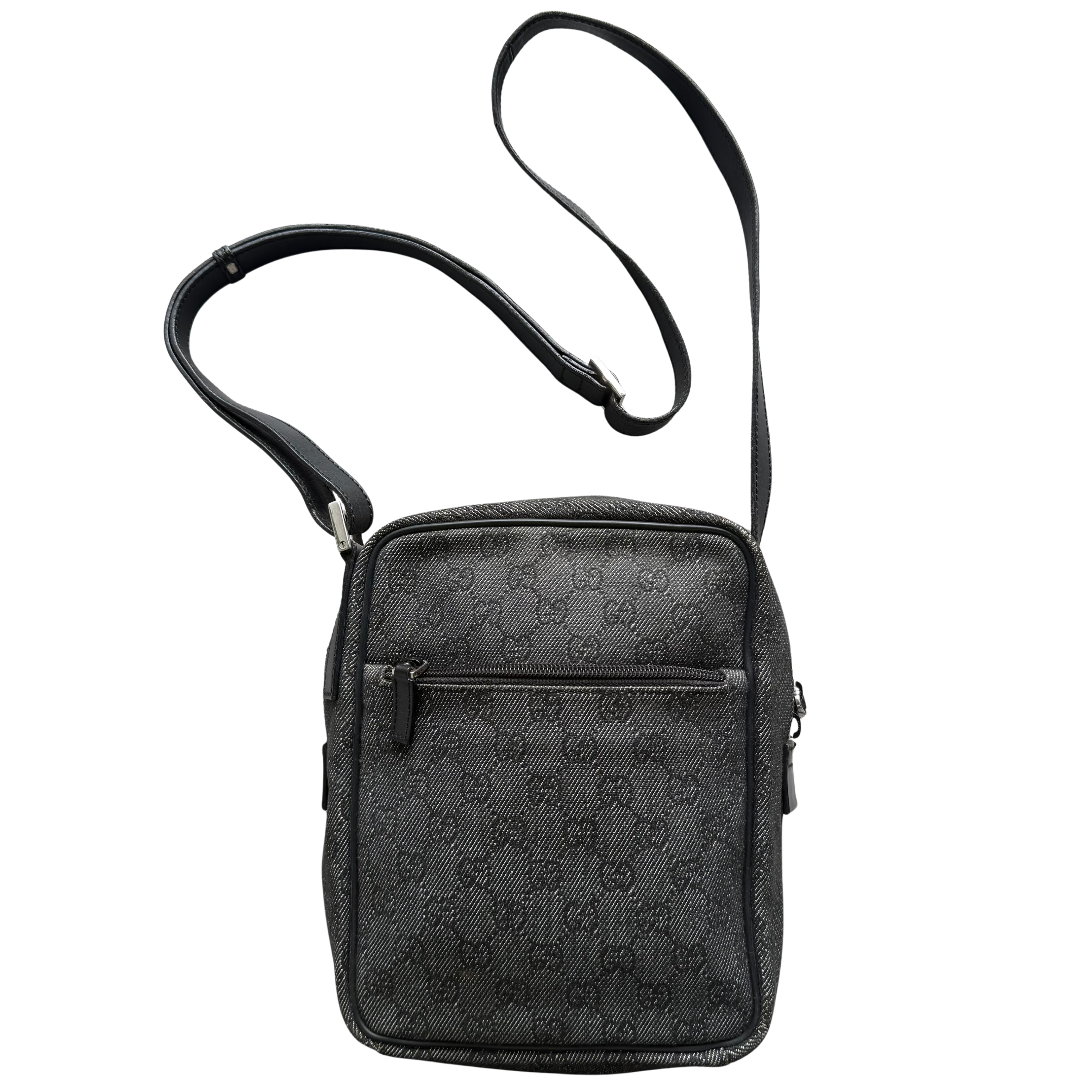 Gucci GG Monogram Crossbody Bag in black, crafted from GG canvas with leather trim and silver-tone hardware.